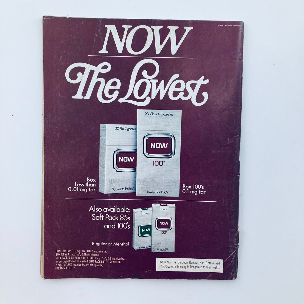 Back cover of an advertisement for NOW cigarettes, demonstrating vintage branding and product packaging, complementing the Saturday Evening Post Magazine May 1981 that features Prince Charles and Lady Diana.