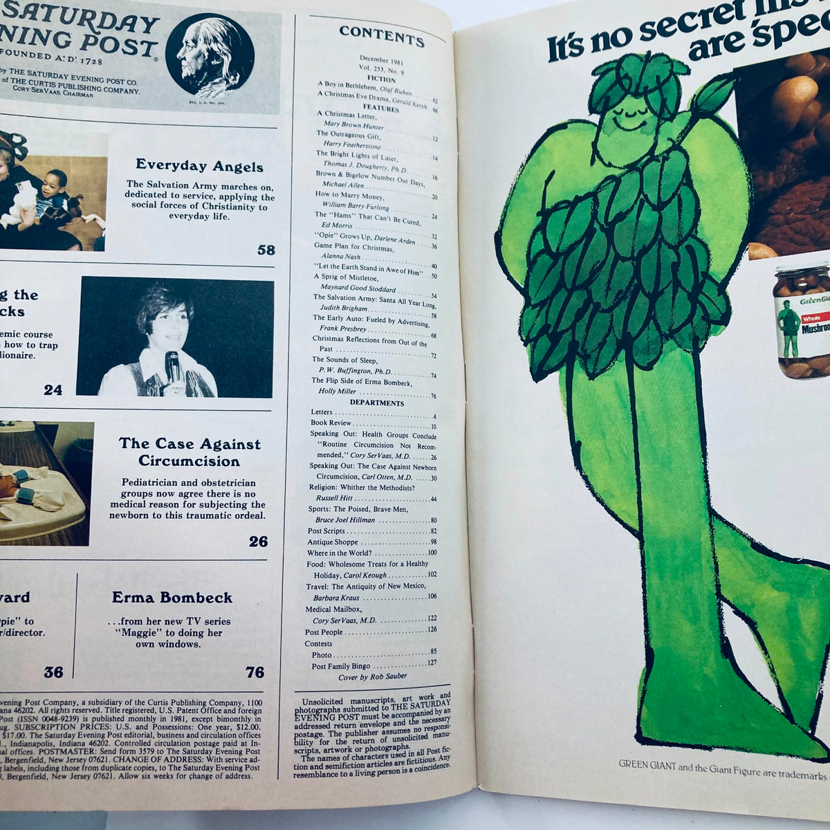 Inside page of the Saturday Evening Post Magazine, December 1981, displaying the table of contents with highlights including articles on 'Everyday Angels' and 'Erma Bombeck', and featuring a whimsical illustration of a green character.