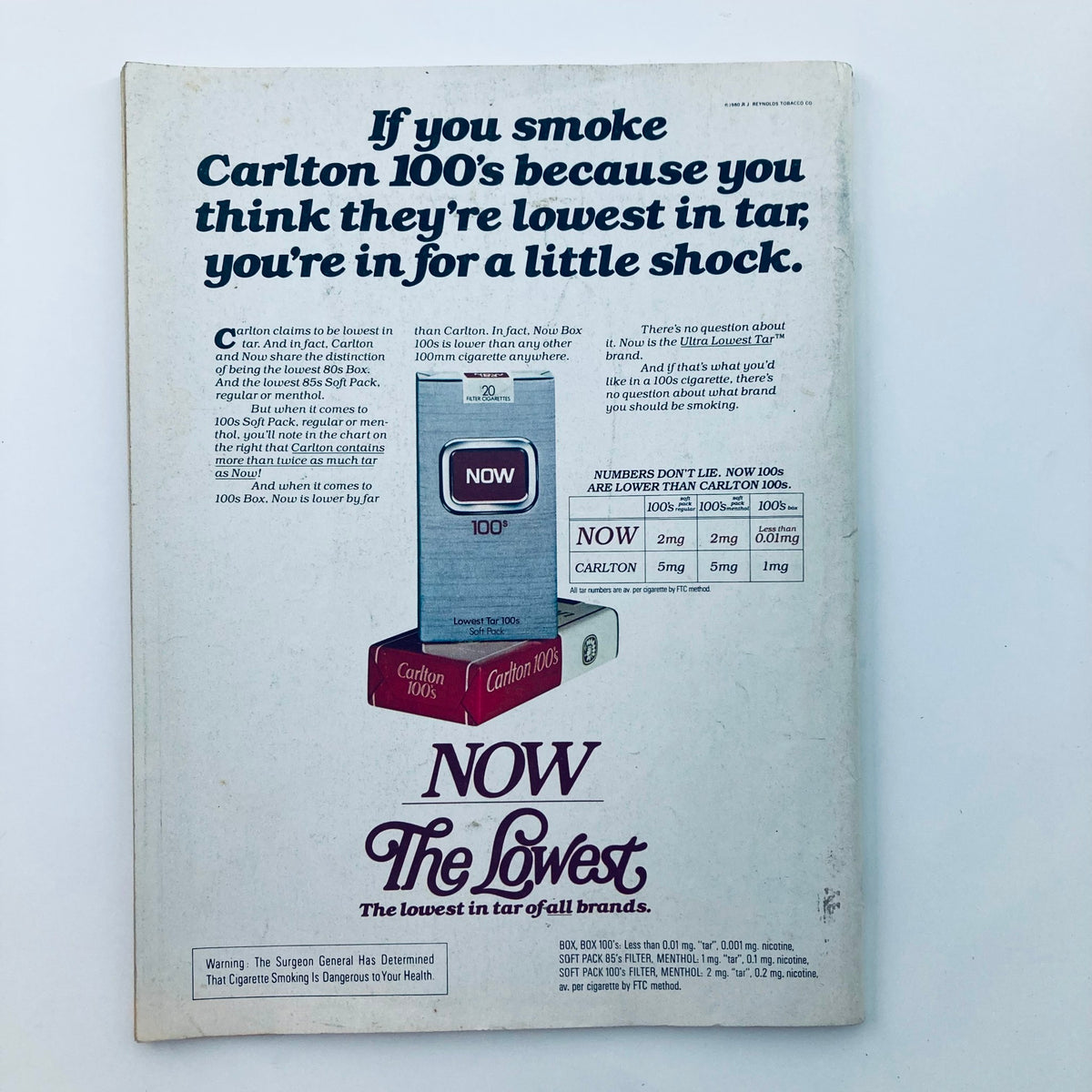 Vintage advertisement from Saturday Evening Post Magazine September 1981 featuring a commercial for Carlton 100's cigarettes, showcasing the brand's claim of having the lowest tar content, with graphics and text highlighting the comparison to other brands.
