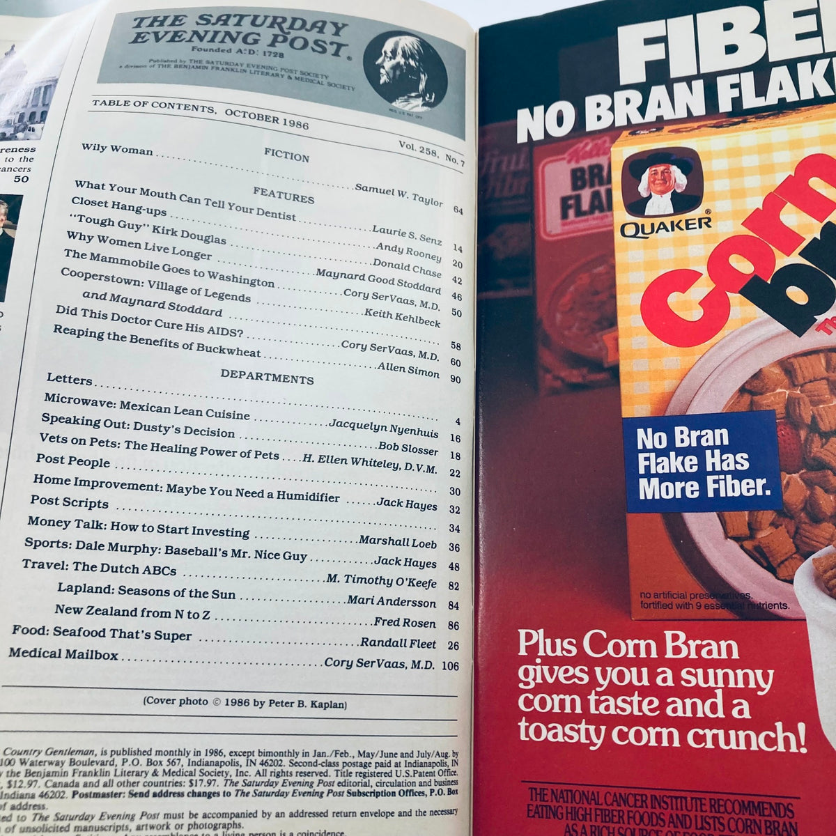 Table of contents page from the Saturday Evening Post October 1986, listing features including 'The Mammobile Goes to Washington'.