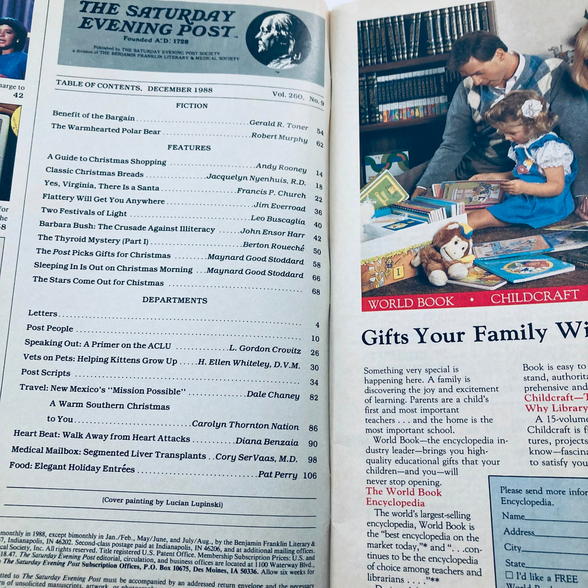 Inside page of the Saturday Evening Post December 1988, displaying the table of contents with articles and features including Barbara Bush and holiday topics, highlighting the magazine's rich history.