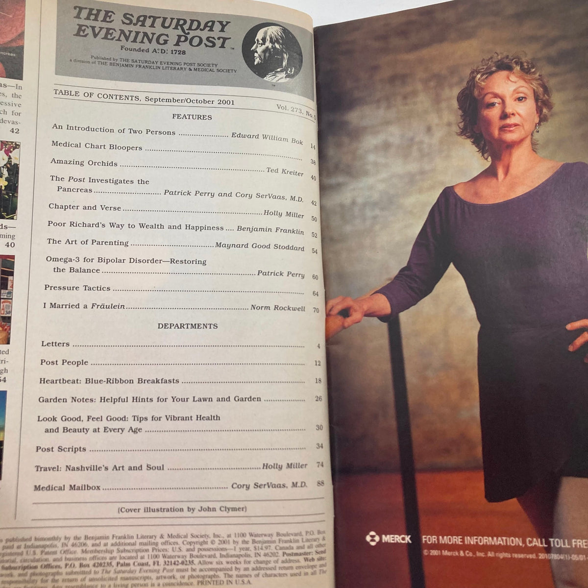 Saturday Evening Post Magazine from September 2001, featuring a table of contents and a portrait of a woman, illustrating articles and content relevant to the era.