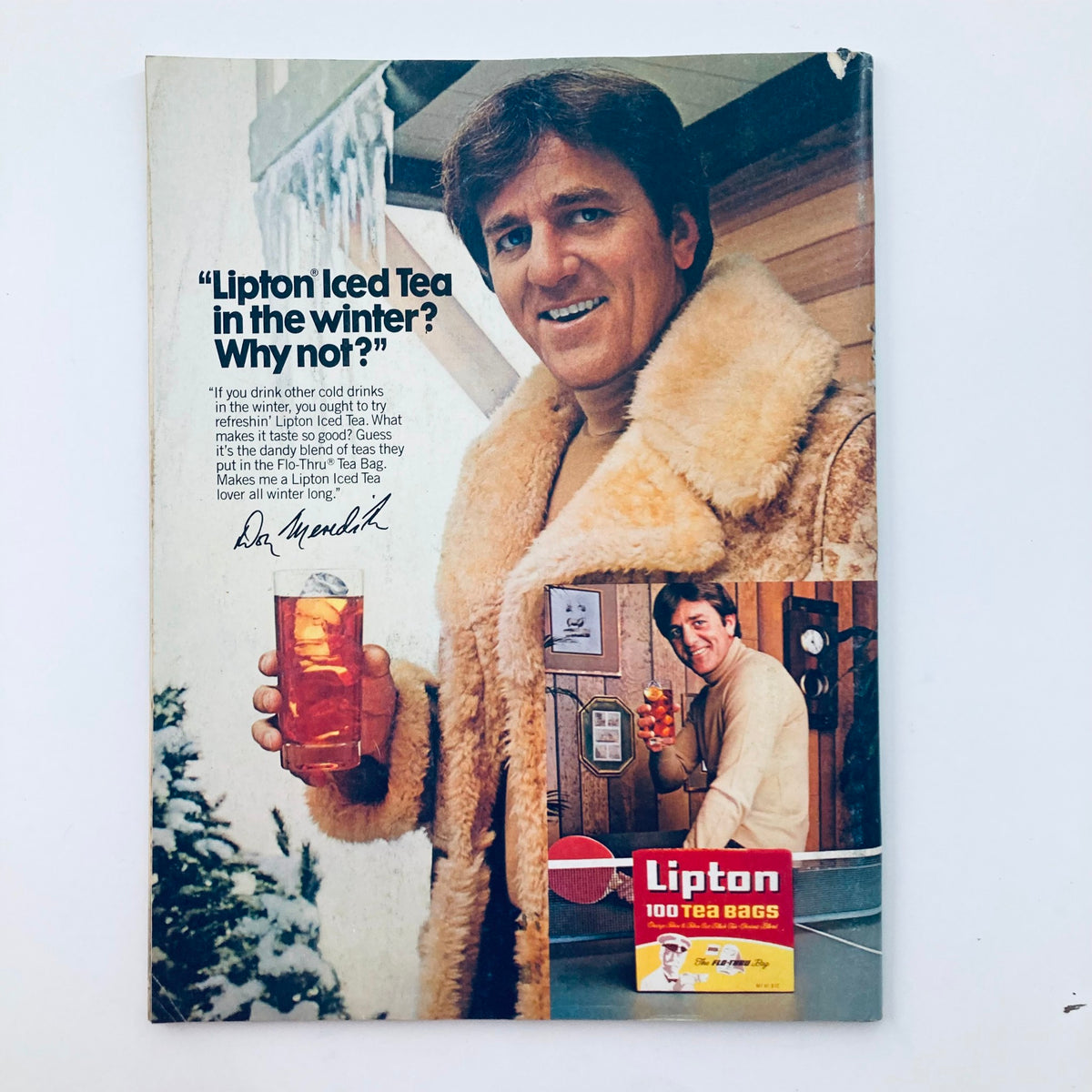Advertisement for Lipton Iced Tea in the winter from the Saturday Evening Post Magazine November 1981, featuring a man in a furry coat holding a glass of iced tea.