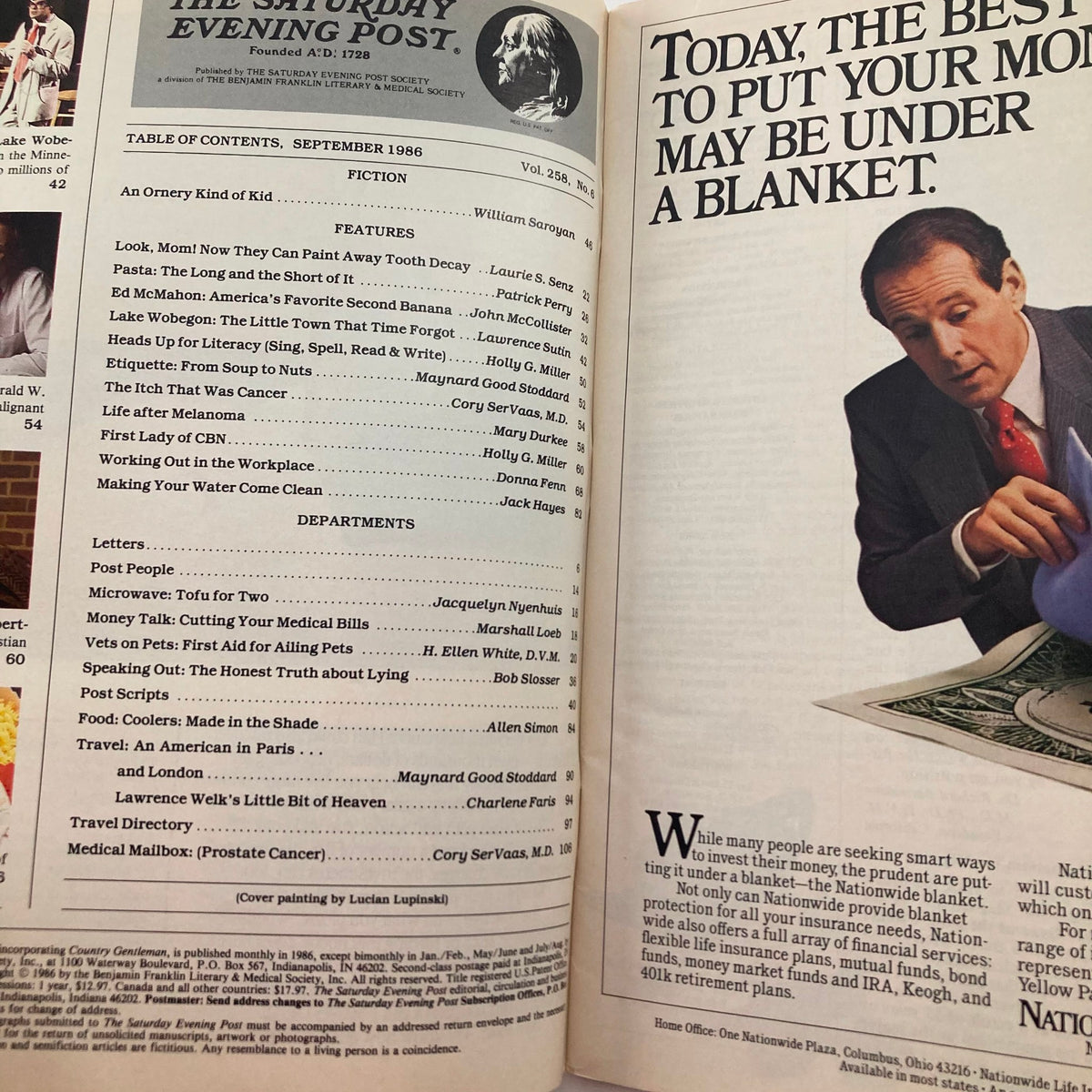 Interior page of the Saturday Evening Post Magazine September 1986 displaying the table of contents, highlighting features and departments, with a blend of vintage advertisements and illustrations.
