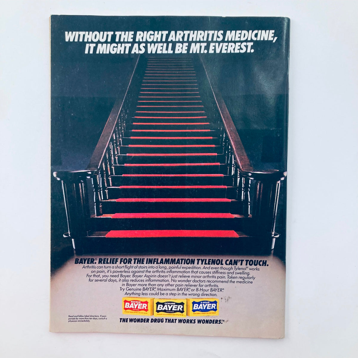 Advertisement page from Saturday Evening Post Magazine April 1988 for Bayer arthritis medicine, depicting a staircase symbolizing the struggle with arthritis, emphasizing the need for effective relief.