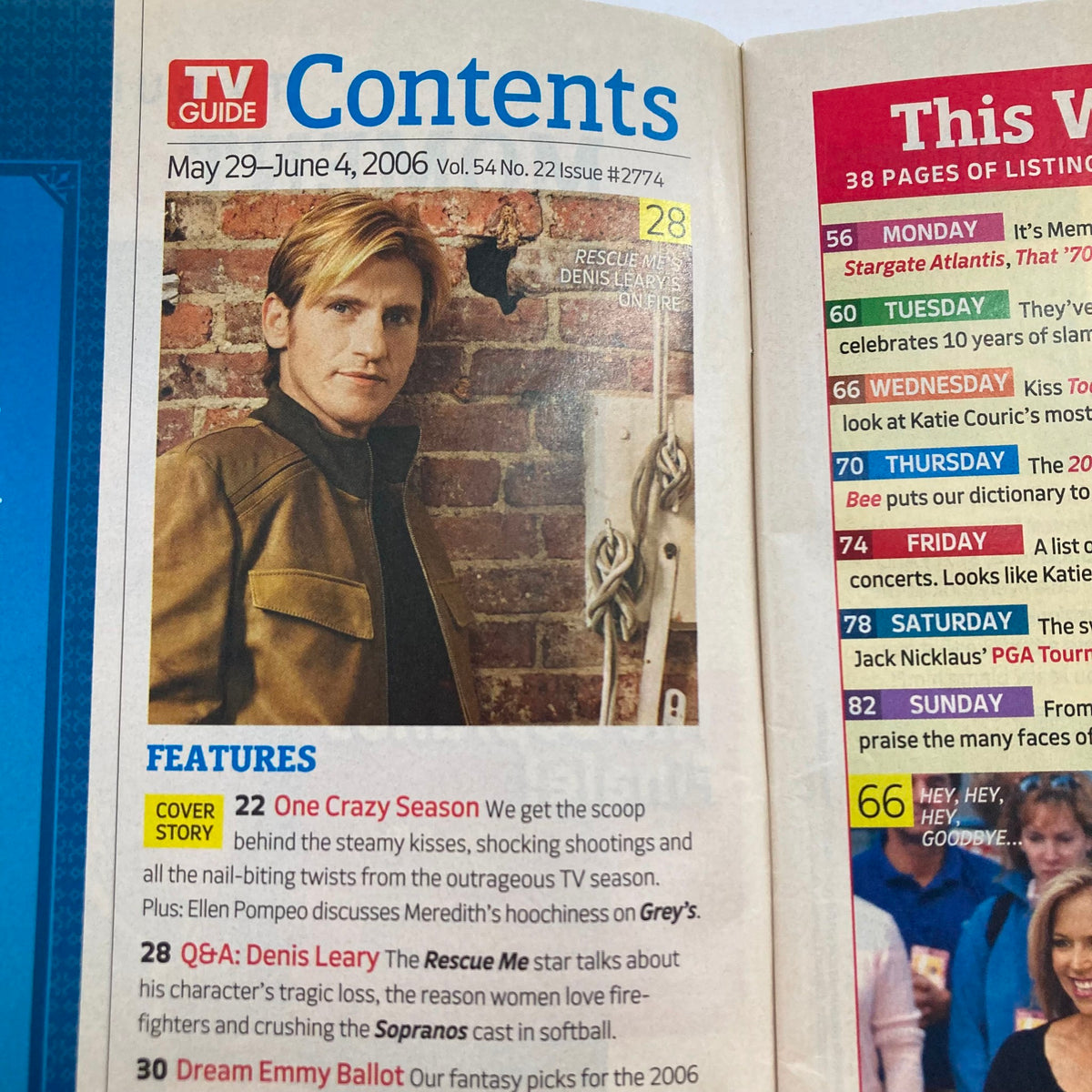 Contents page of TV Guide Magazine May 29 2006, featuring articles including one on Grey's Anatomy with Ellen Pompeo and other TV show highlights.