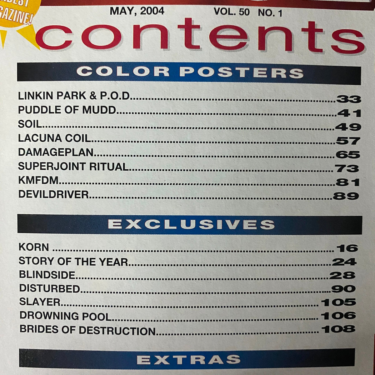 Table of contents from Metal Edge Magazine May 2004 featuring color posters and exclusive interviews with bands like Korn, Linkin Park, and Slayer.