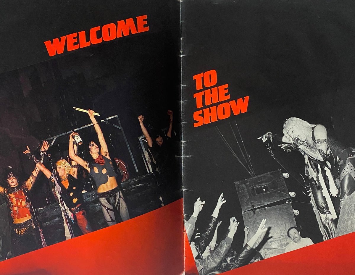 Another interior view from the 1984 Mötley Crüe Metal Mania magazine highlighting the band on stage during a performance, welcoming fans to the show in a bold graphic design.