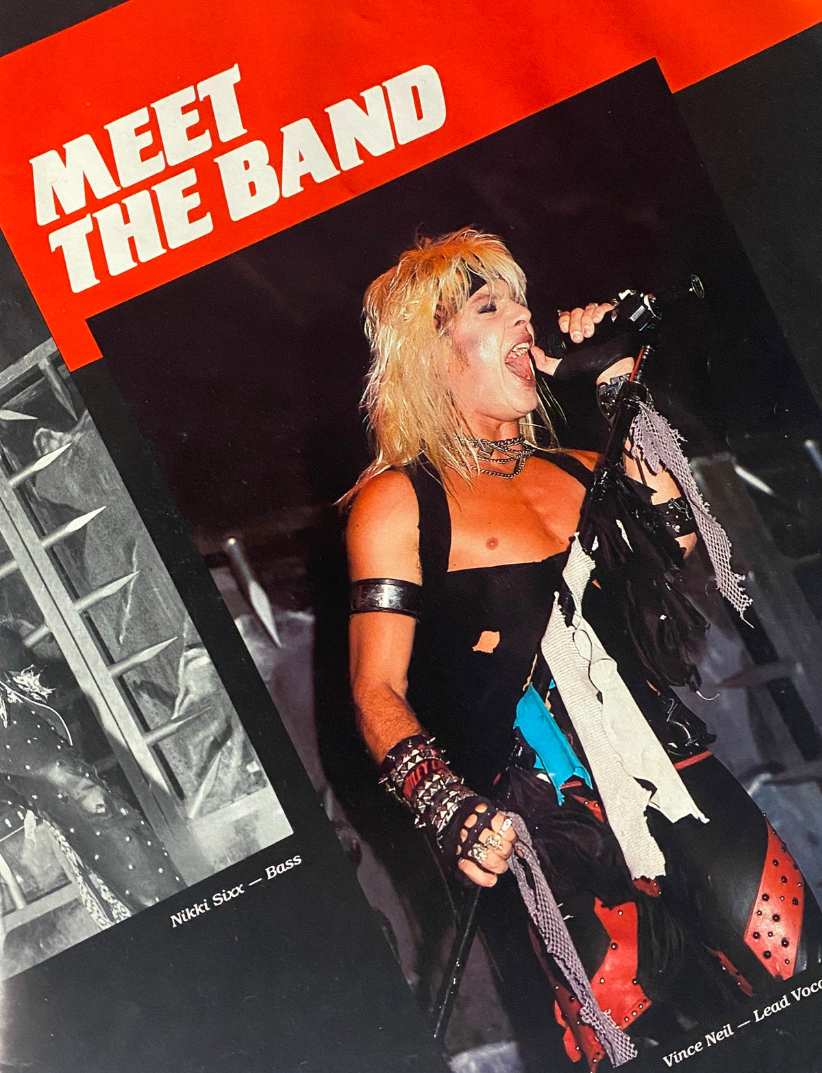 Image of a live performance by Mötley Crüe featuring lead vocalist Vince Neil, with the title '1984 Motley Crue Metal Mania Heavy Metal Rare Photo Compilation GD Interior' capturing the energetic essence of the 1980s heavy metal scene.