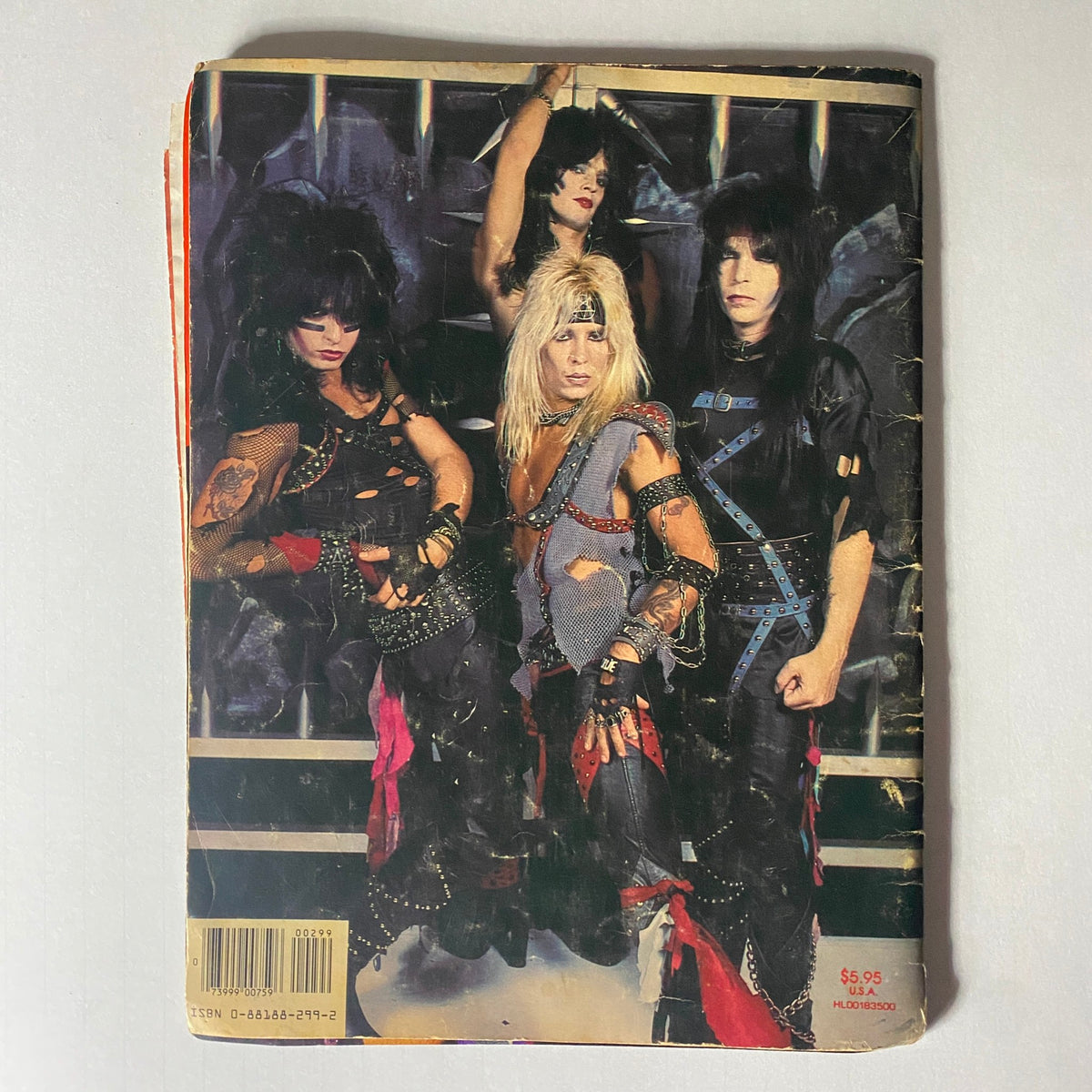 Back cover image of the Mötley Crüe magazine featuring the band in their signature heavy metal attire, highlighting the vintage appeal of the '1984 Motley Crue Metal Mania Heavy Metal Rare Photo Compilation GD Interior'.