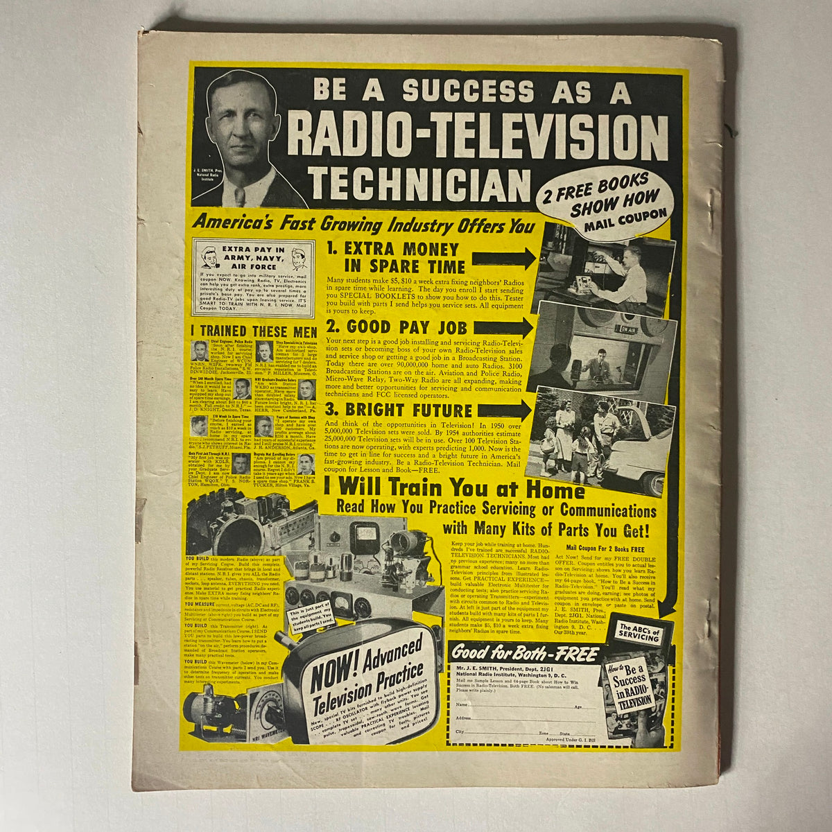 Back cover advertisement of Complete Baseball Magazine September 1952 offering training to become a Radio-Television Technician, featuring a bold yellow design with various images and text about job opportunities.
