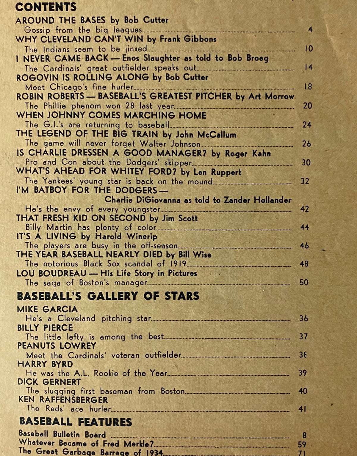 Table of contents page from Inside Baseball Magazine March 1953, listing featured articles including 'Robin Roberts: Baseball's Greatest Pitcher' and other notable players and topics of the era.