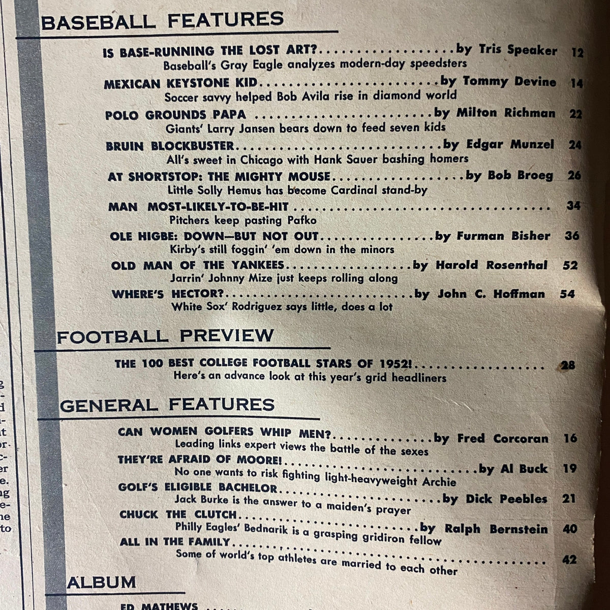 Interior contents page of Sport Life Magazine October 1952, listing articles on baseball and football features, highlighting vintage sports journalism.