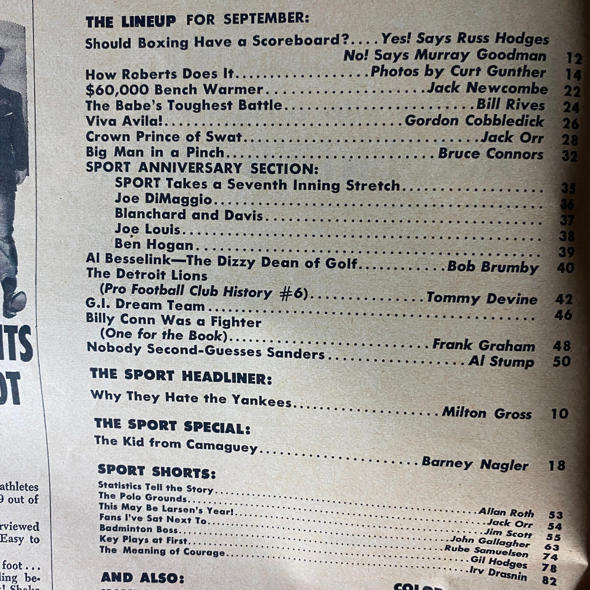 Table of contents for Sport Magazine September 1953, detailing featured articles including 'Should Boxing Have a Scoreboard?' and sports legends.