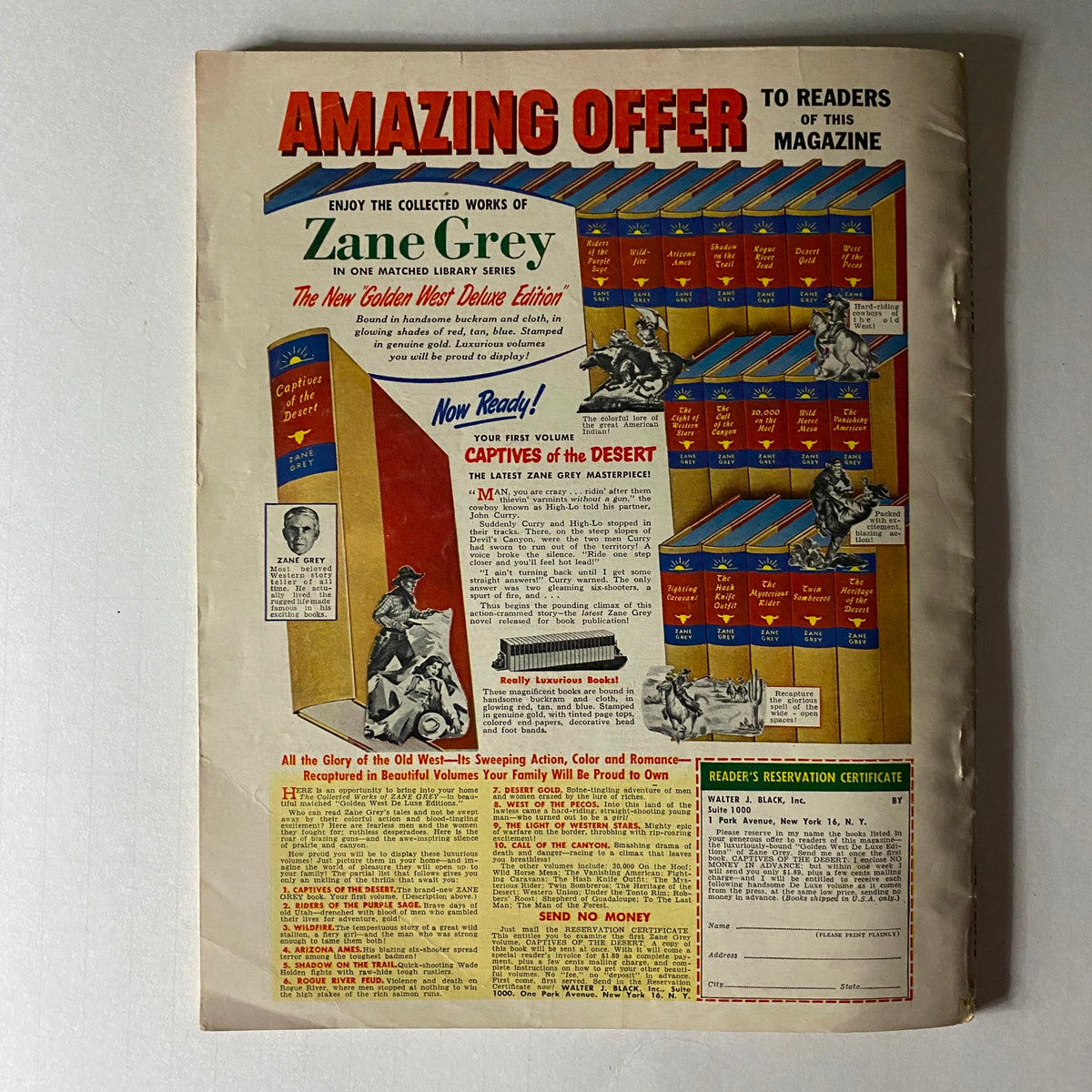 Back cover advertisement from Sport Magazine September 1953, promoting the collected works of Zane Grey and showcasing the allure of vintage publications.