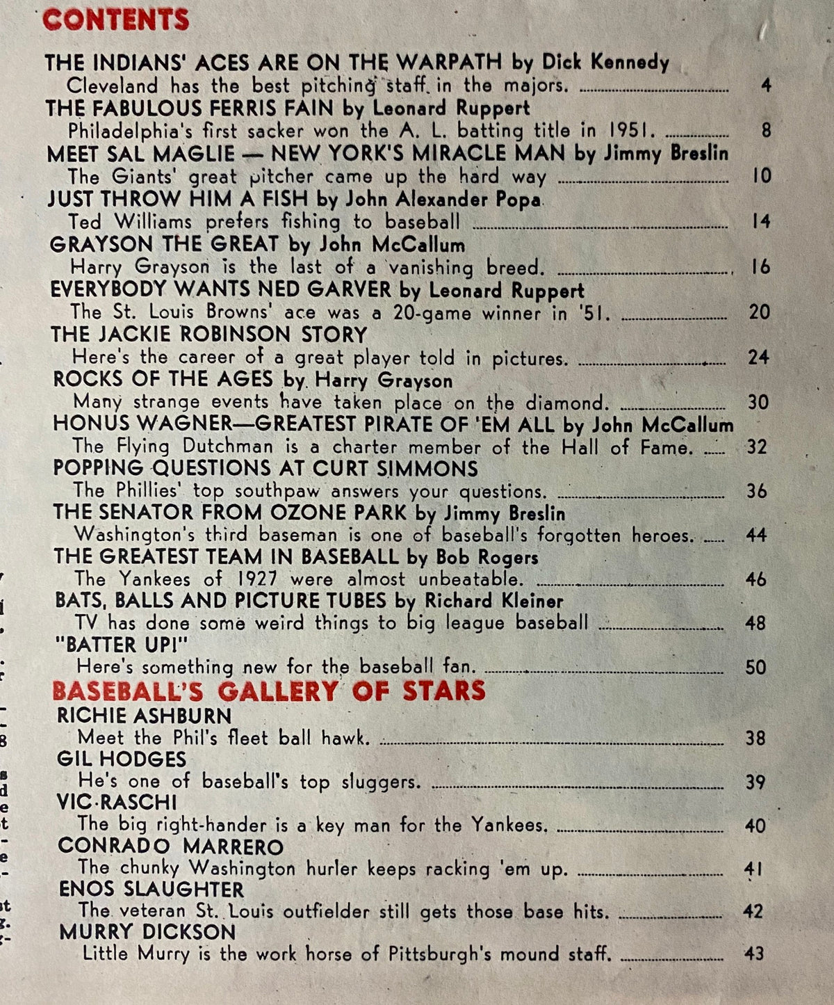 Contents page of Inside Baseball Magazine October 1952 featuring articles on Stan Musial, Sal Maglie, and Jackie Robinson, along with other baseball highlights.