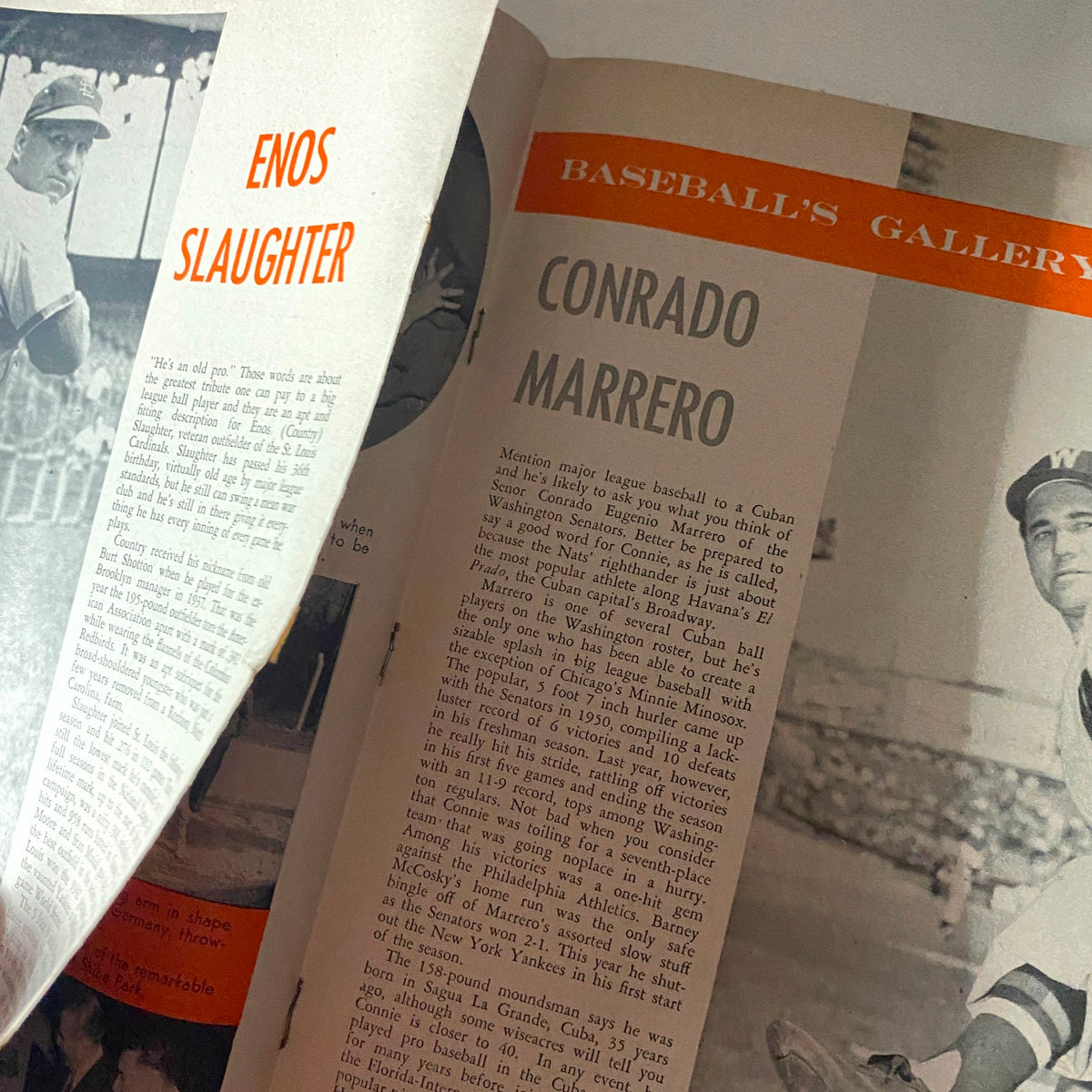 Inside Baseball Magazine October 1952 showcasing an article on Enos Slaughter and Conrado Marrero with accompanying images of the players.