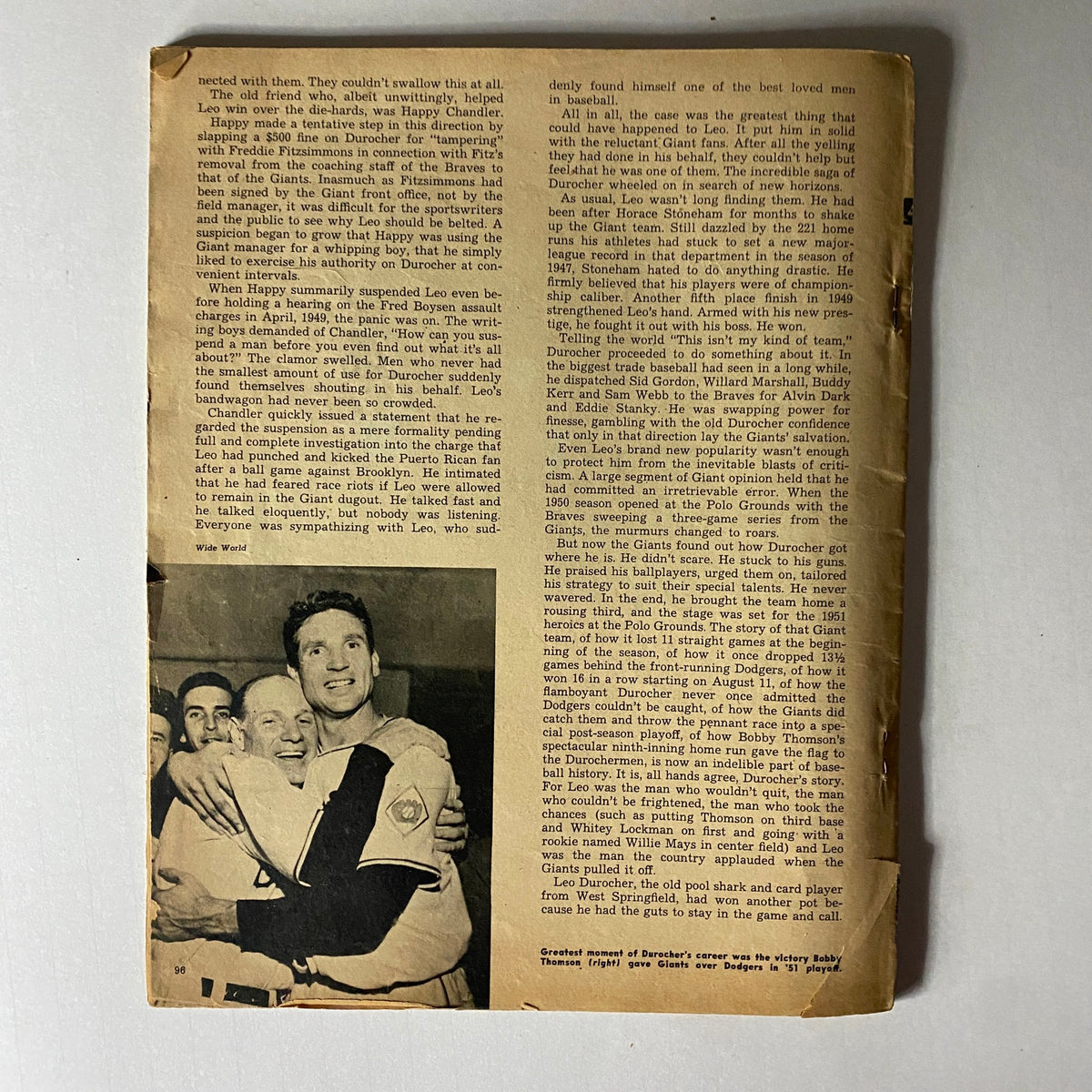 Back cover of 'Baseball's Best' 1952 Edition, displaying an article excerpt and historical context related to baseball.