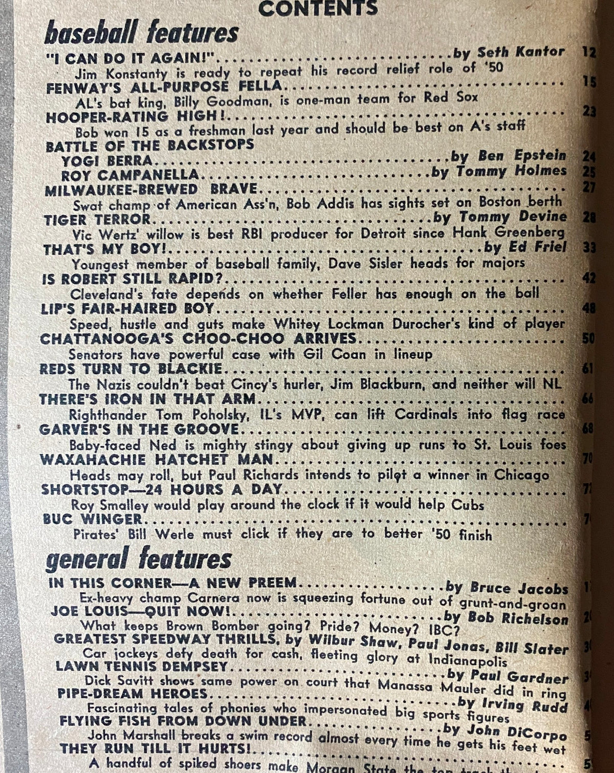 Contents page from Sport Life Magazine July 1951 featuring various baseball and general sports articles including sections on Jim Konstanty, Yogi Berra, and general sports features like boxing and racing.