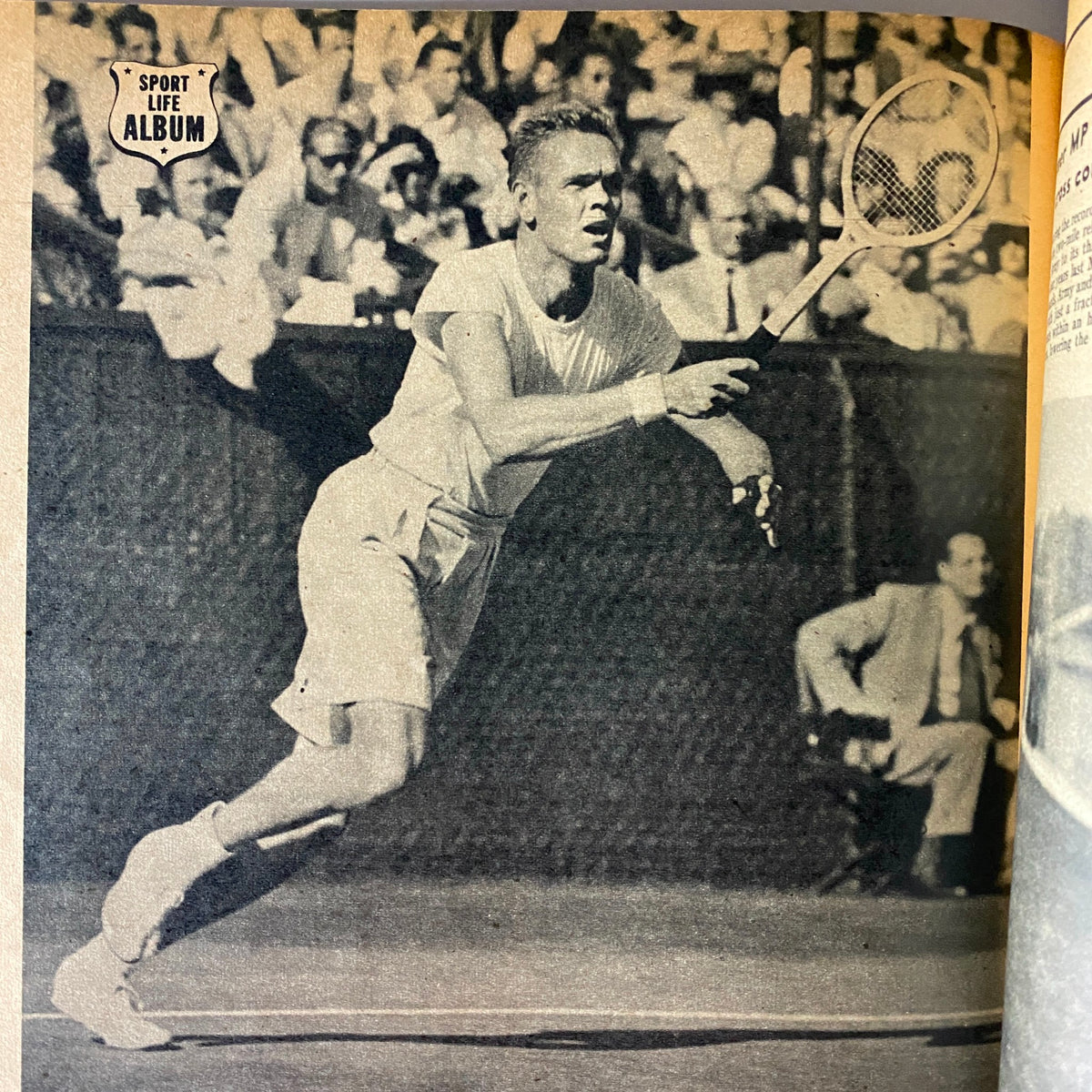 Image of a male tennis player in action from Sport Life Magazine July 1951, showcasing the dynamic sports culture of the 1950s.