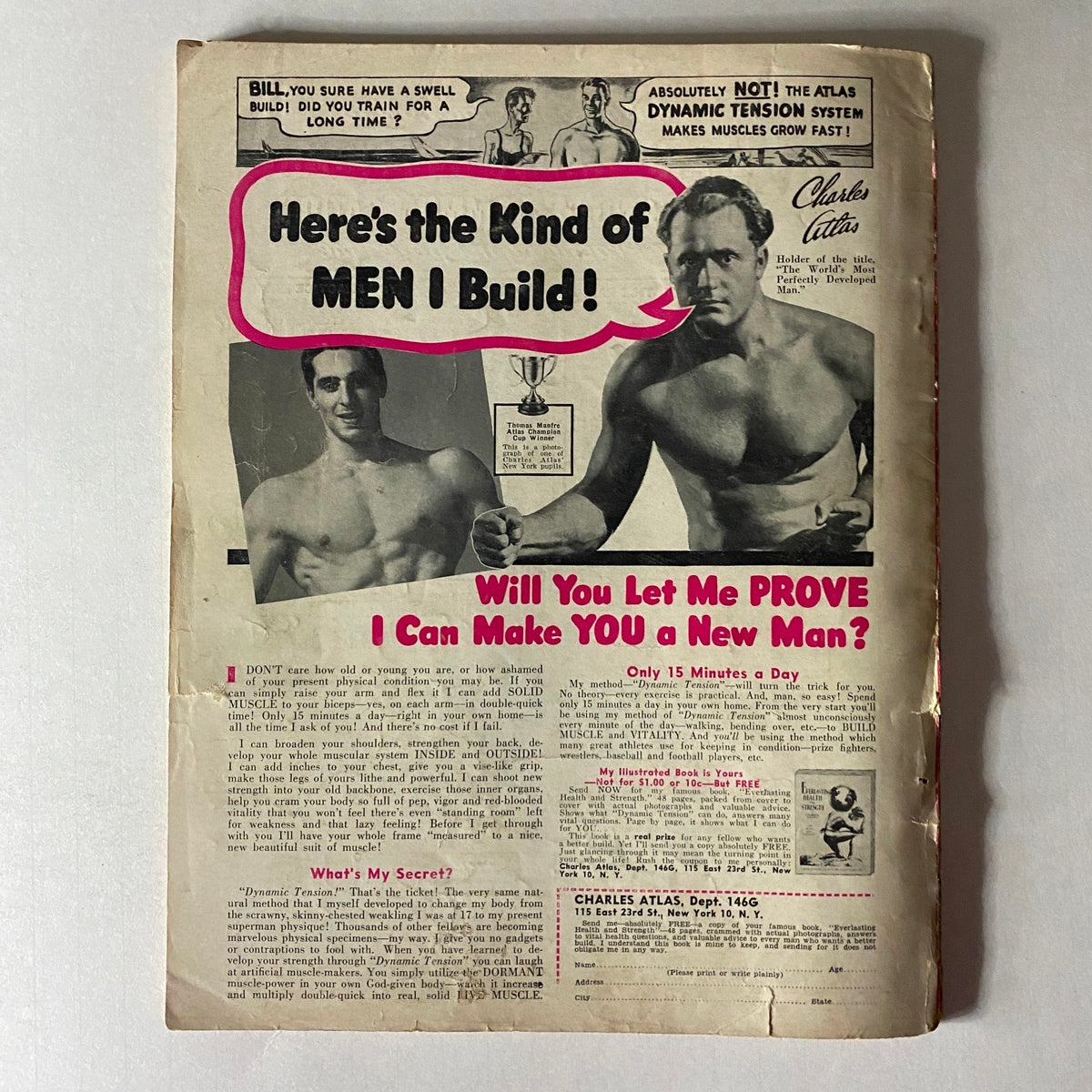 Advertisement from Sport Life Magazine July 1951 for Charles Atlas Dynamic Tension System promoting muscular development with testimonials and fitness techniques.
