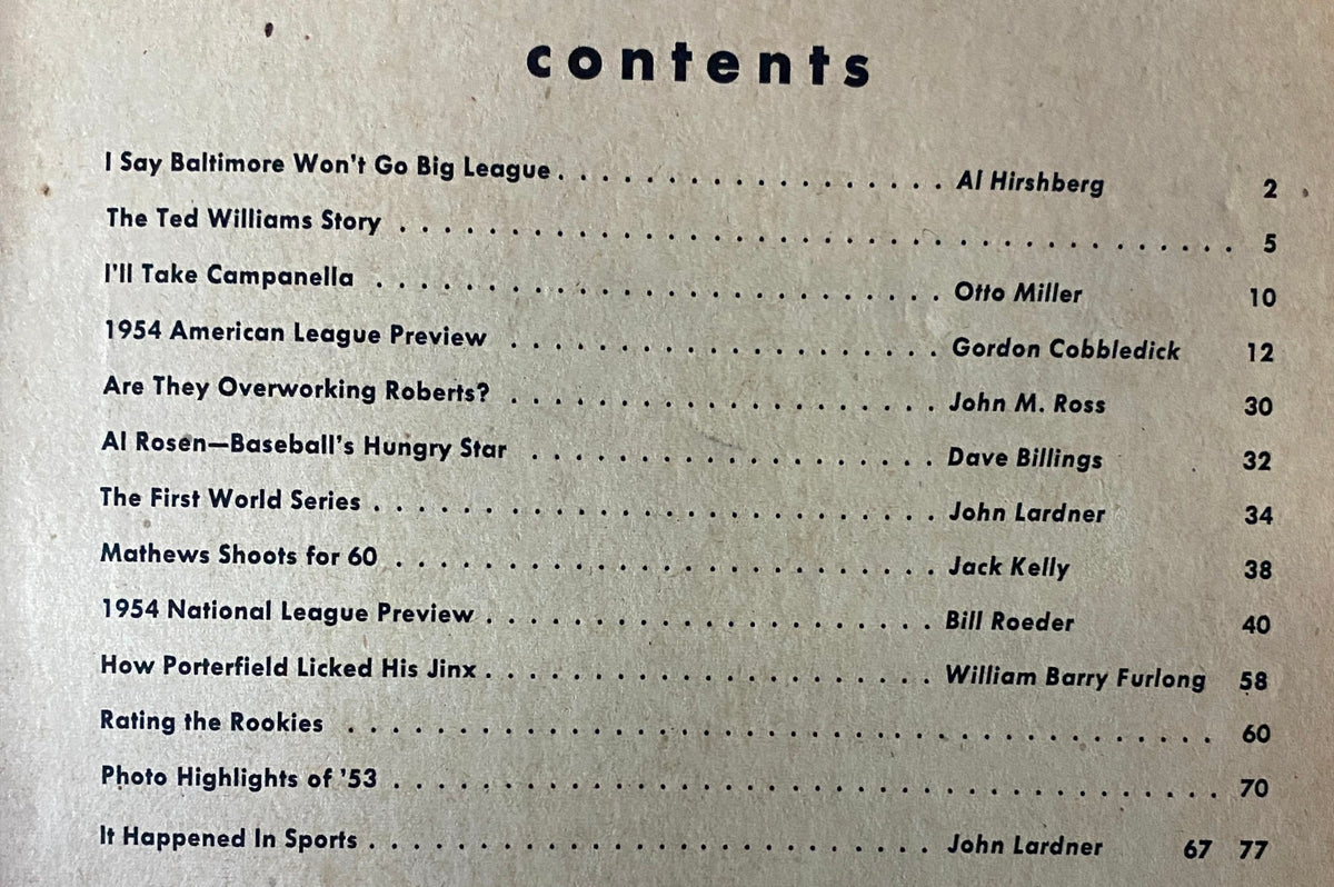 Table of contents from the 1954 Edition Baseball Yearbook, listing articles including 'I Say Baltimore Won’t Go Big League' and 'The Ted Williams Story,' showcasing insights and previews for the baseball season.