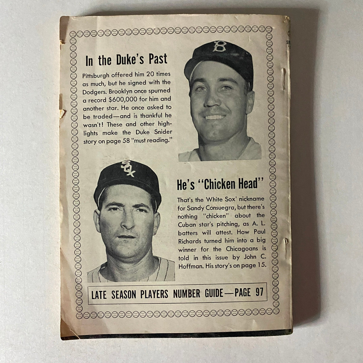 Back cover of the Baseball Digest Magazine September 1954 featuring articles on Duke Snider and Sandy Consuegra, showcasing vintage baseball imagery and insights.