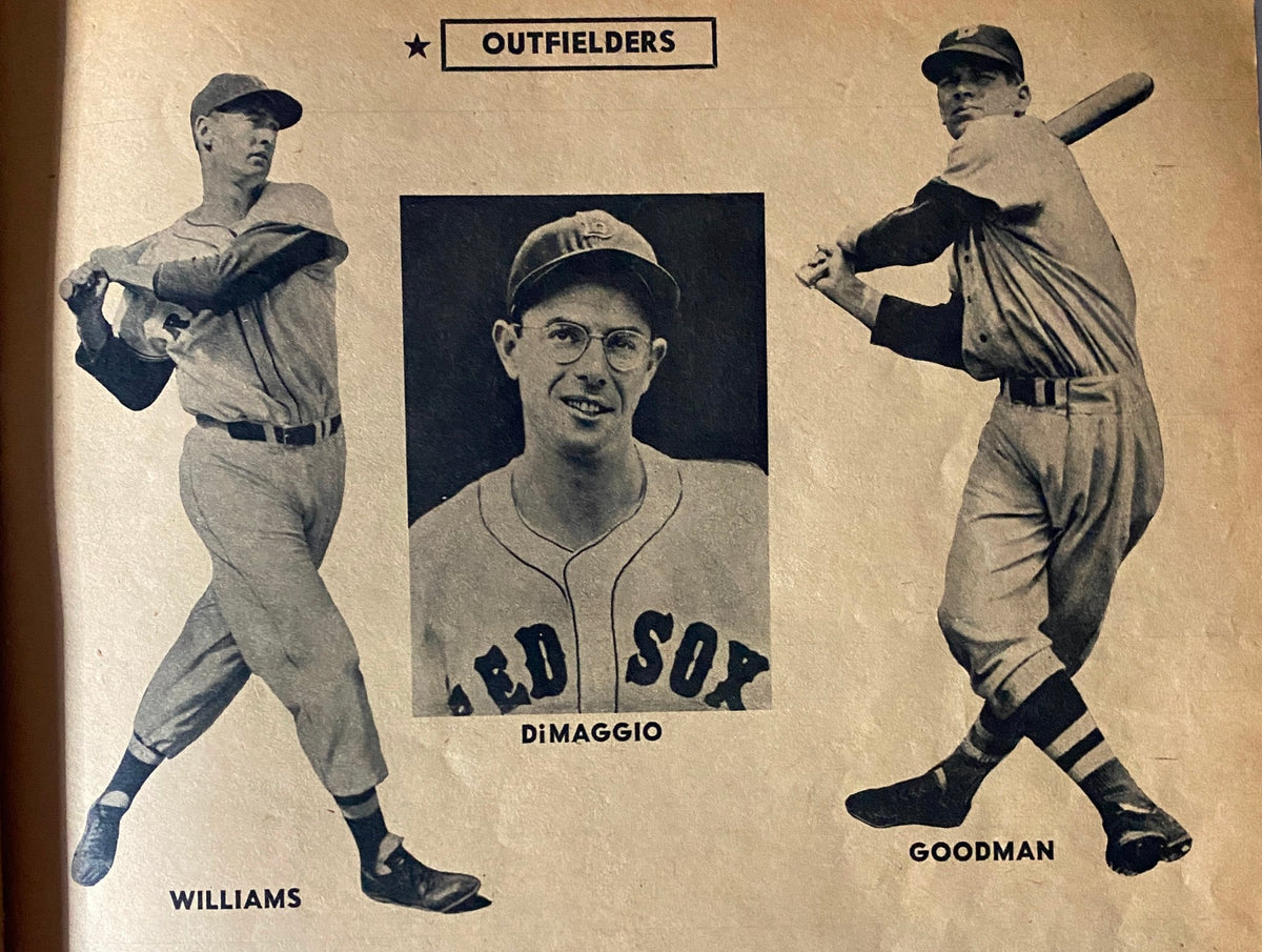 Interior page of Complete Baseball Magazine from Spring 1951 showcasing the outfielders section with images of baseball players including Williams, DiMaggio, and Goodman.