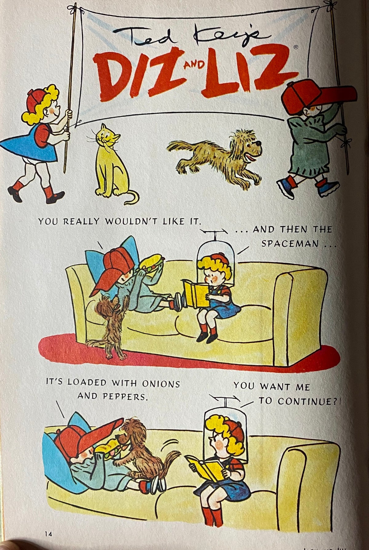 Children's comic illustration from the February 1969 TV Special Magazine featuring characters from The Banana Splits, showcasing humorous scenes with a girl, a boy, a dog, and a cat. Title: TV Special February 1969 The Banana Splits Jack and Jill Beaver Banquet Cover.