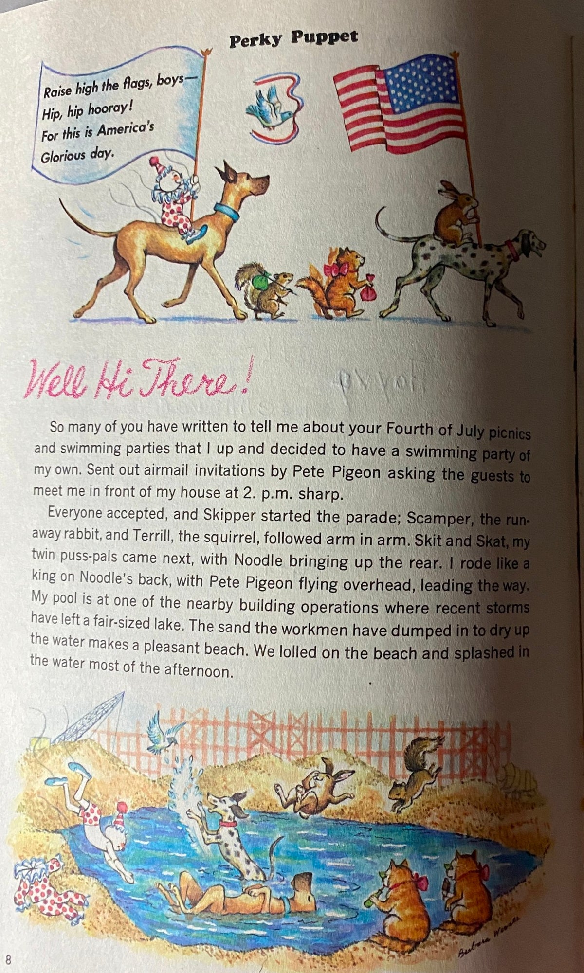 Inside page of Jack and Jill Magazine, July 1966, titled 'Perky Puppet', featuring illustrations of animals and a narrative about a swimming party.