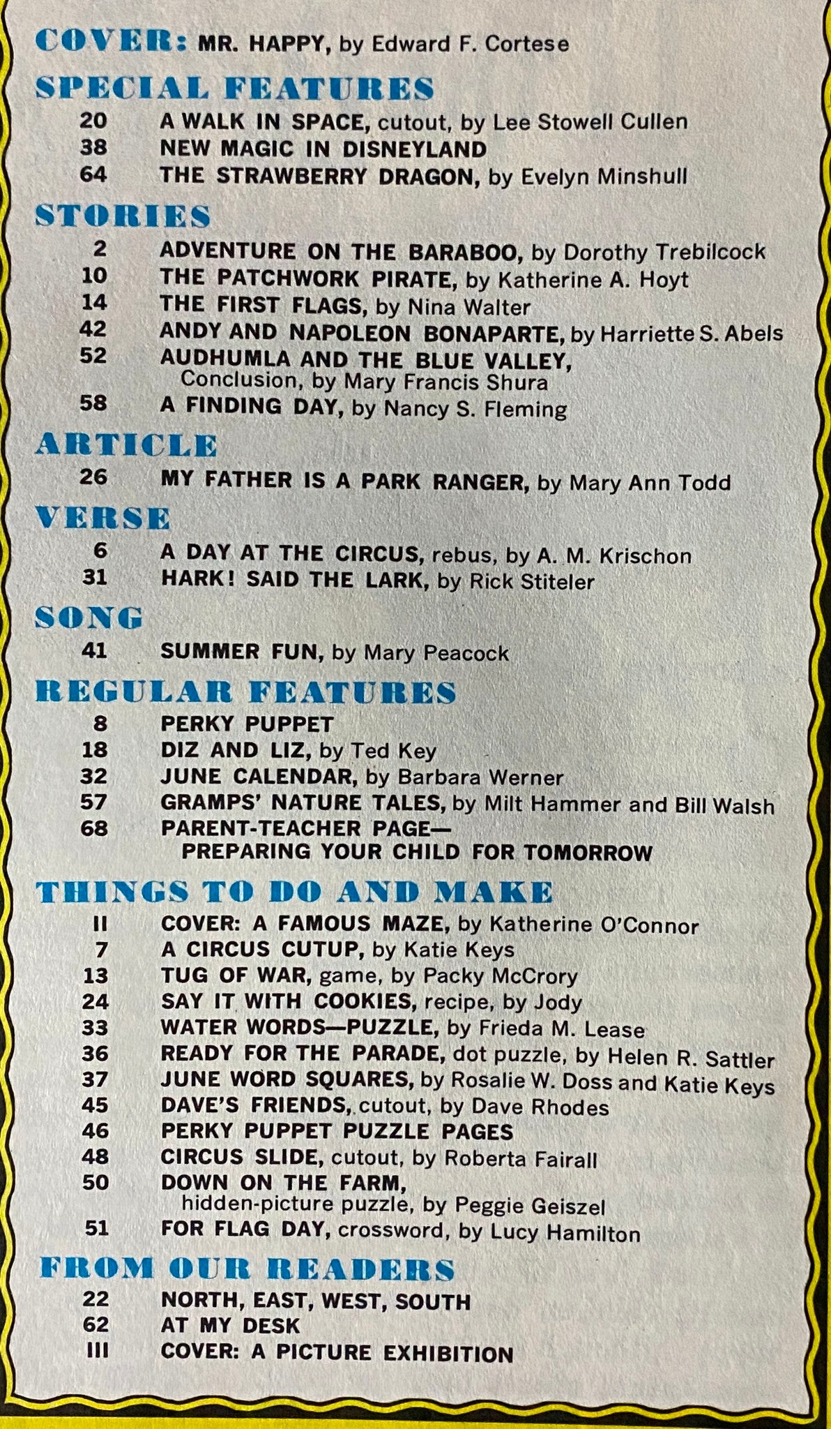 Table of contents from Jack and Jill Story Magazine June 1966, listing engaging stories and features including Mr. Happy, Adventure on the Baraboo, and interactive games, emphasizing the magazine's rich content for young readers.