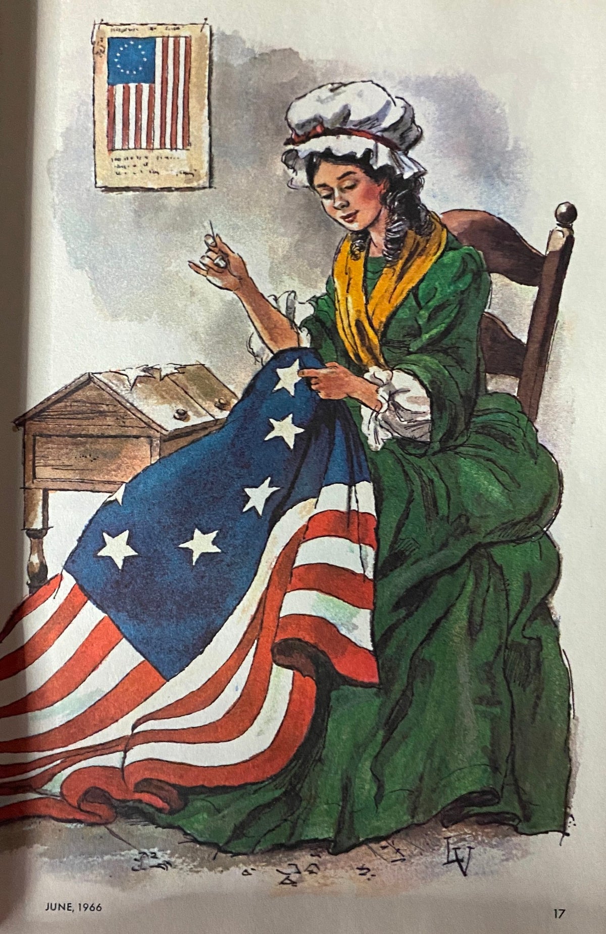 Illustration from Jack and Jill Story Magazine June 1966 featuring a young girl in period attire sewing an American flag. The artwork captures the nostalgic charm typical of children's literature from the 1960s.