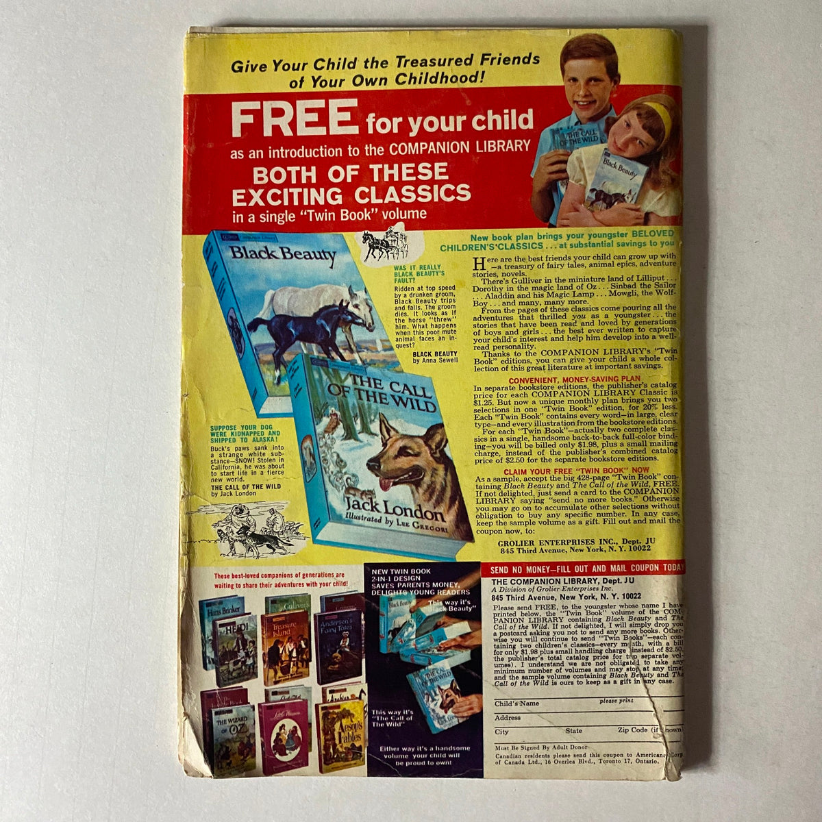 Back cover of the Jack and Jill Story Magazine, October 1965, featuring a promotional offer for children’s classics and illustrations of popular book titles.