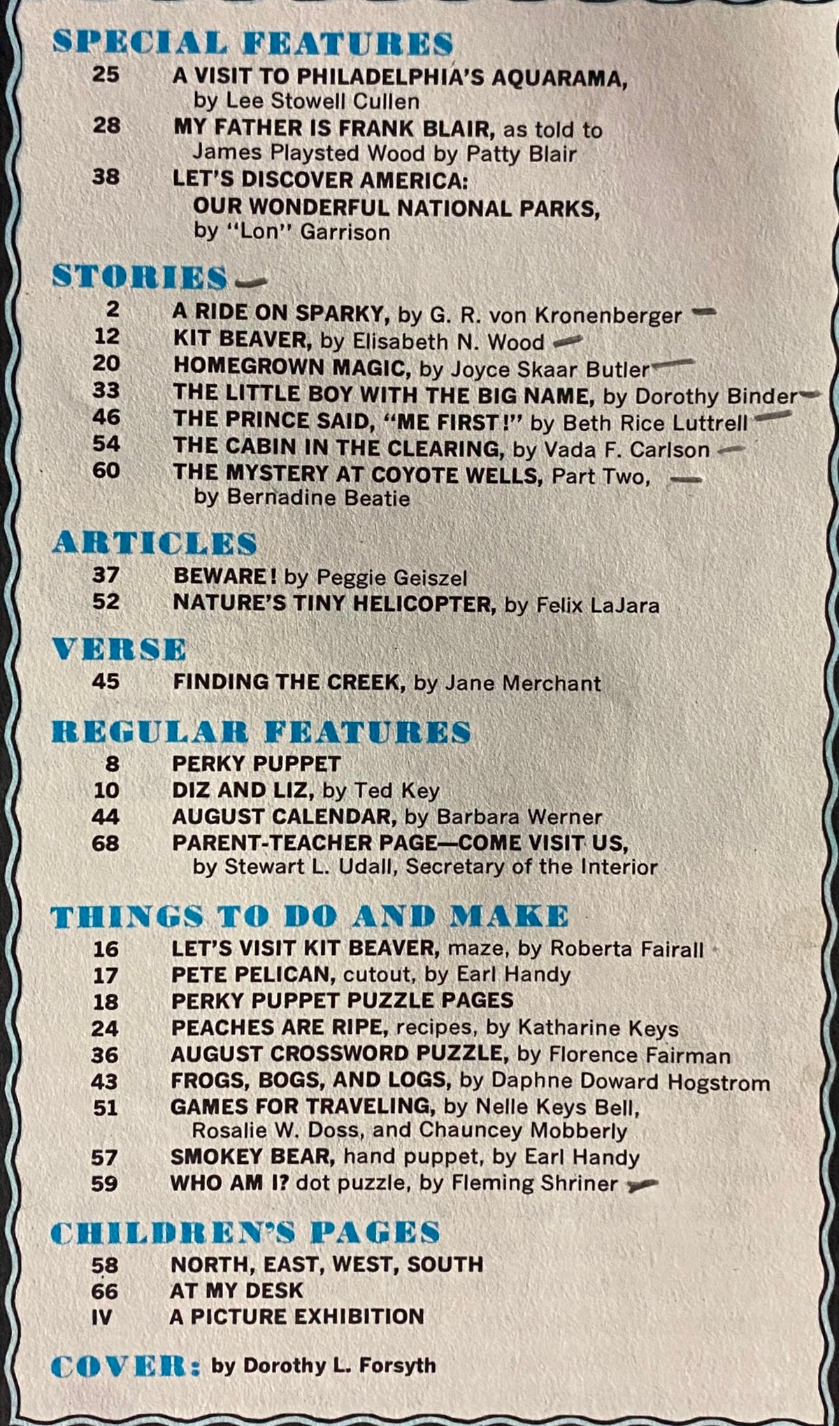Table of contents from the 'Jack and Jill Story Magazine' August 1966, listing stories, articles, and features including 'A Visit to Philadelphia's Aquarama' and 'My Father Is Frank Blair'.