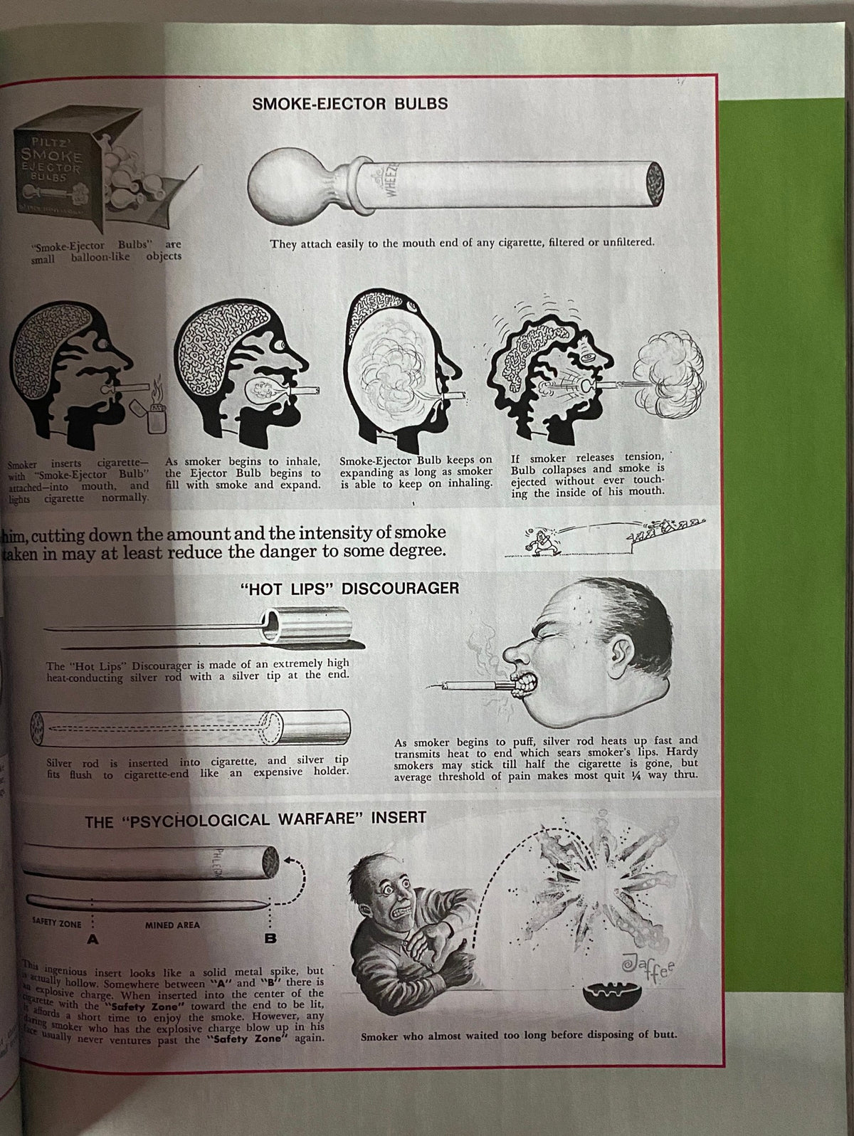 An entertaining page featuring smoke-ejector bulb illustrations and humorous commentary from Mad Magazine 2023 Golden Collection of Garbage Special Collector's Edition.