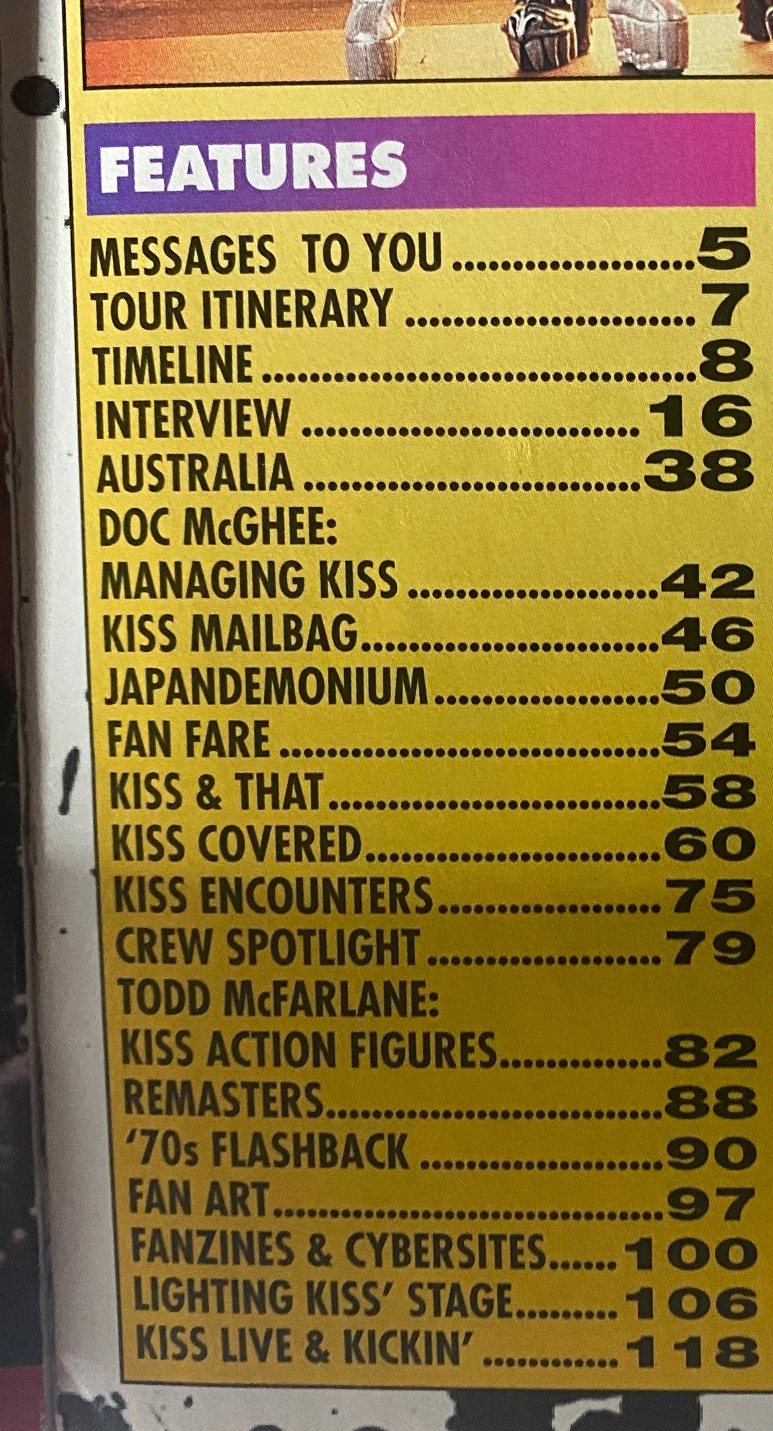 Features list page from the Metal Edge Spring 1997 KISS Reunion Tour Magazine, showcasing sections like 'Messages to You', 'Tour Itinerary', and 'Interview'.