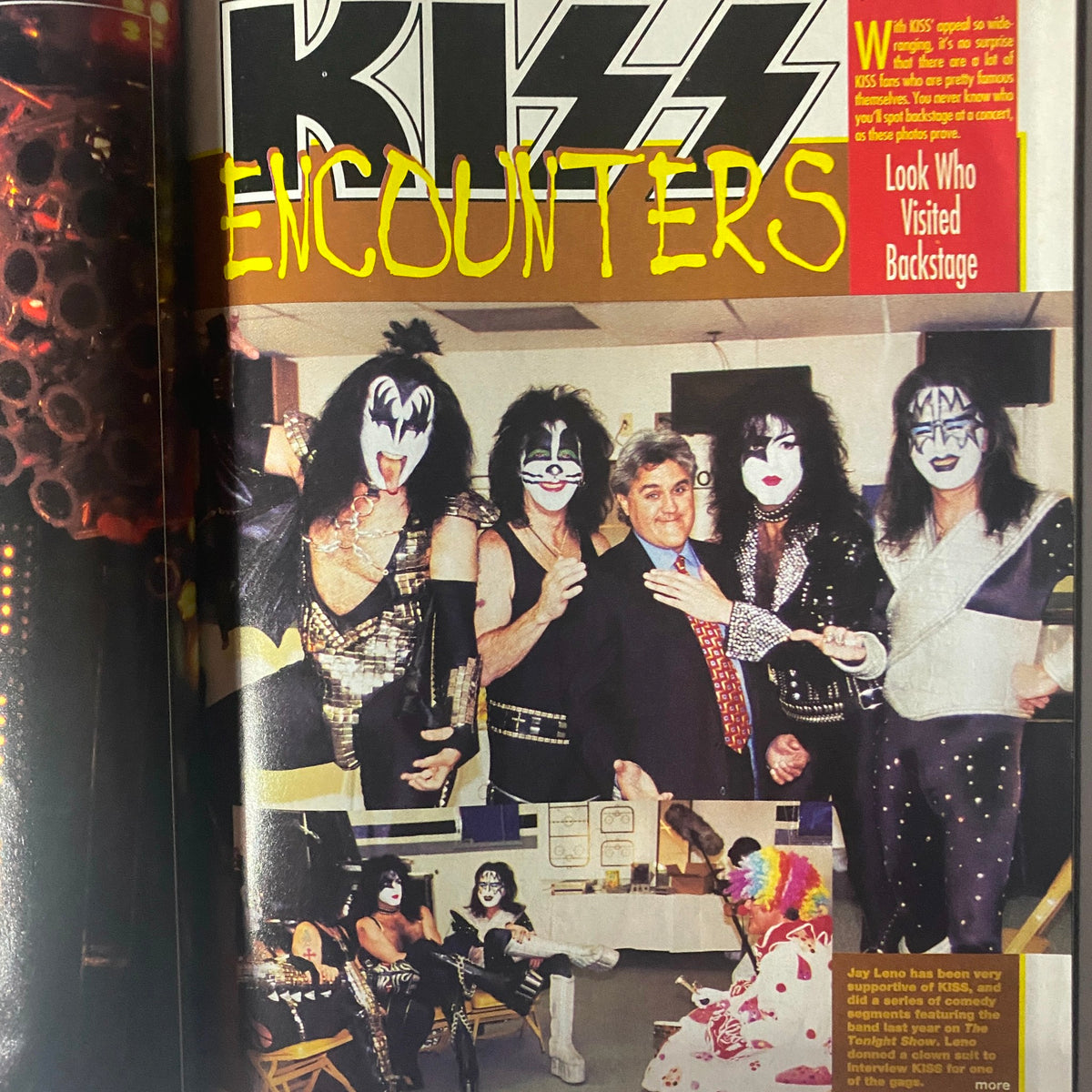 Backstage moments featuring KISS members in full costume with celebrities, as seen in the Metal Edge Spring 1997 KISS Reunion Tour Magazine.