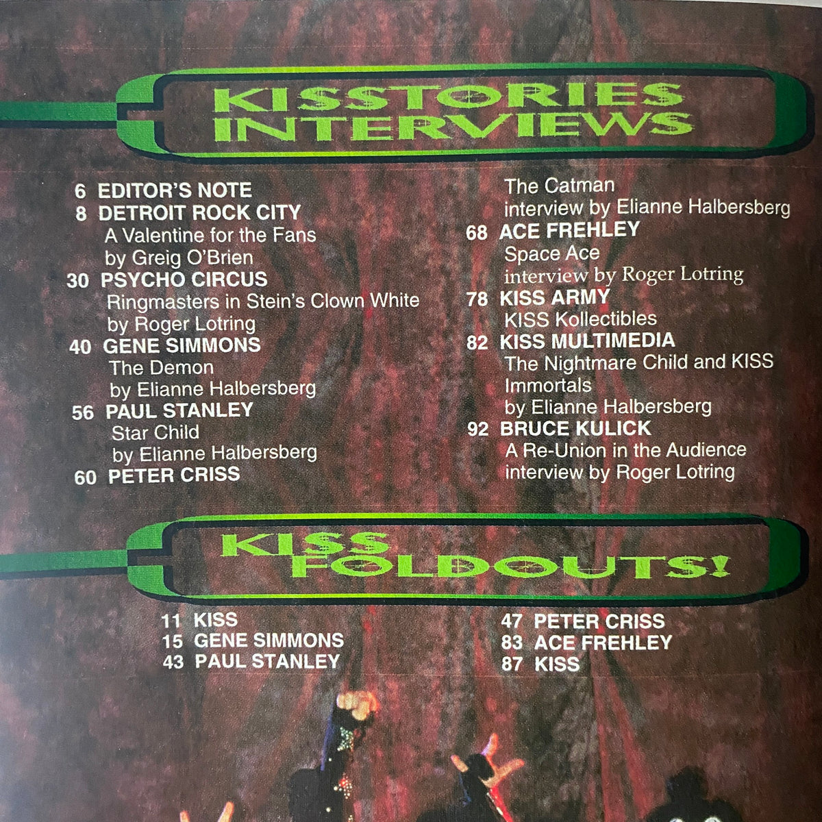 Table of contents from the Official KISS Magazine 1999 Issue #2, list of topics including interviews with band members and features on 'Detroit Rock City' and 'Psycho Circus'.