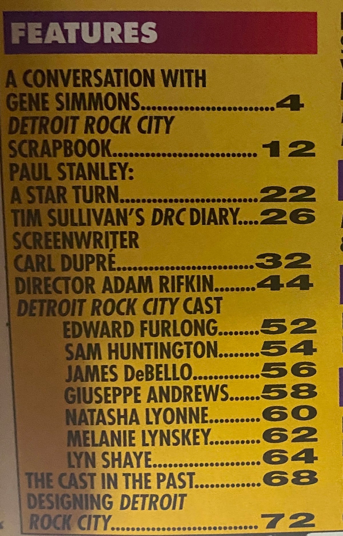 Table of contents from Metal Edge Magazine Summer 1999 highlighting features such as 'A Conversation with Gene Simmons' and 'Paul Stanley: A Star Turn.'