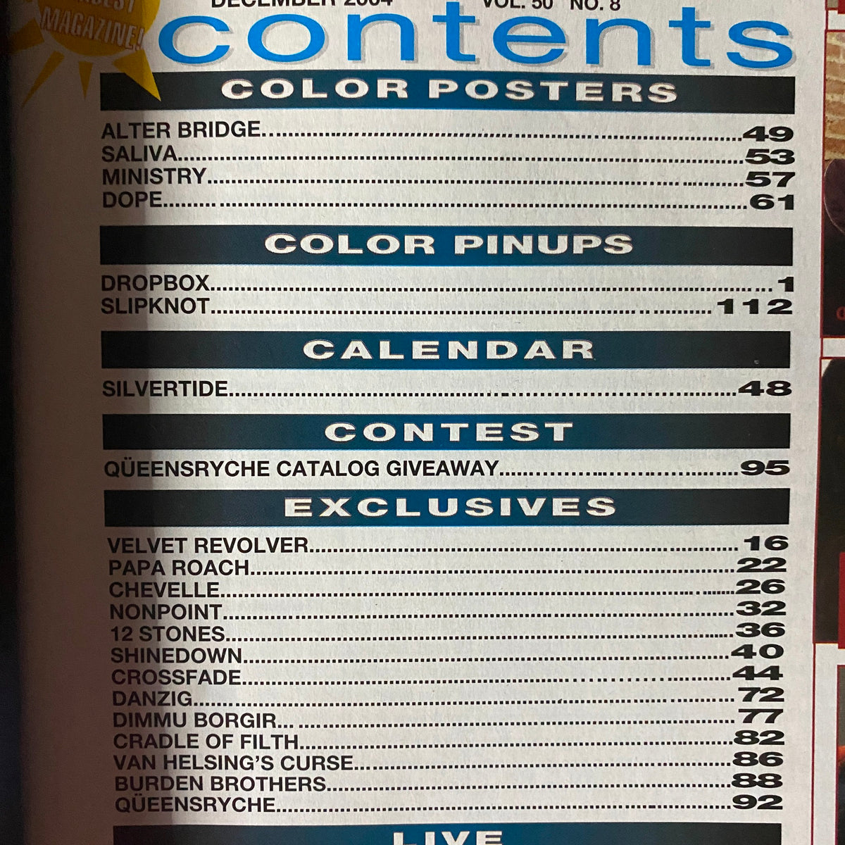 Contents page of Metal Edge Magazine December 2004 featuring highlights like color posters of Alter Bridge, Saliva, and Ministry, along with an overview of featured interviews and exclusives including Velvet Revolver.