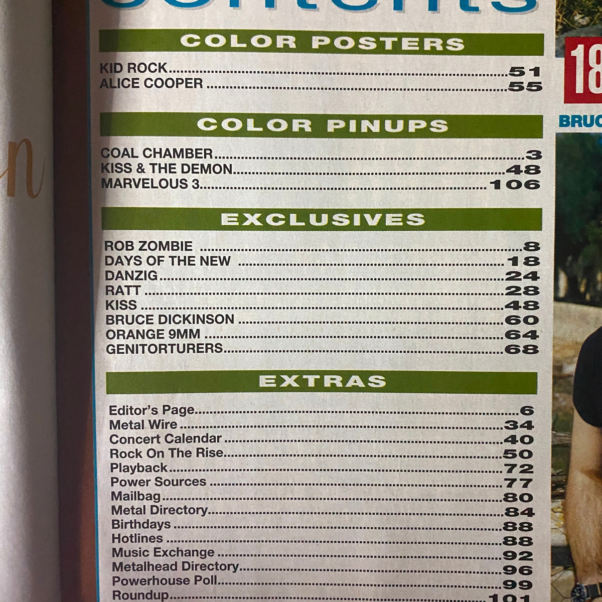 Contents page from Metal Edge Magazine 2000 featuring Rob Zombie, Kid Rock, and Alice Cooper. Highlights include artists and pages of exclusive interviews and color posters.