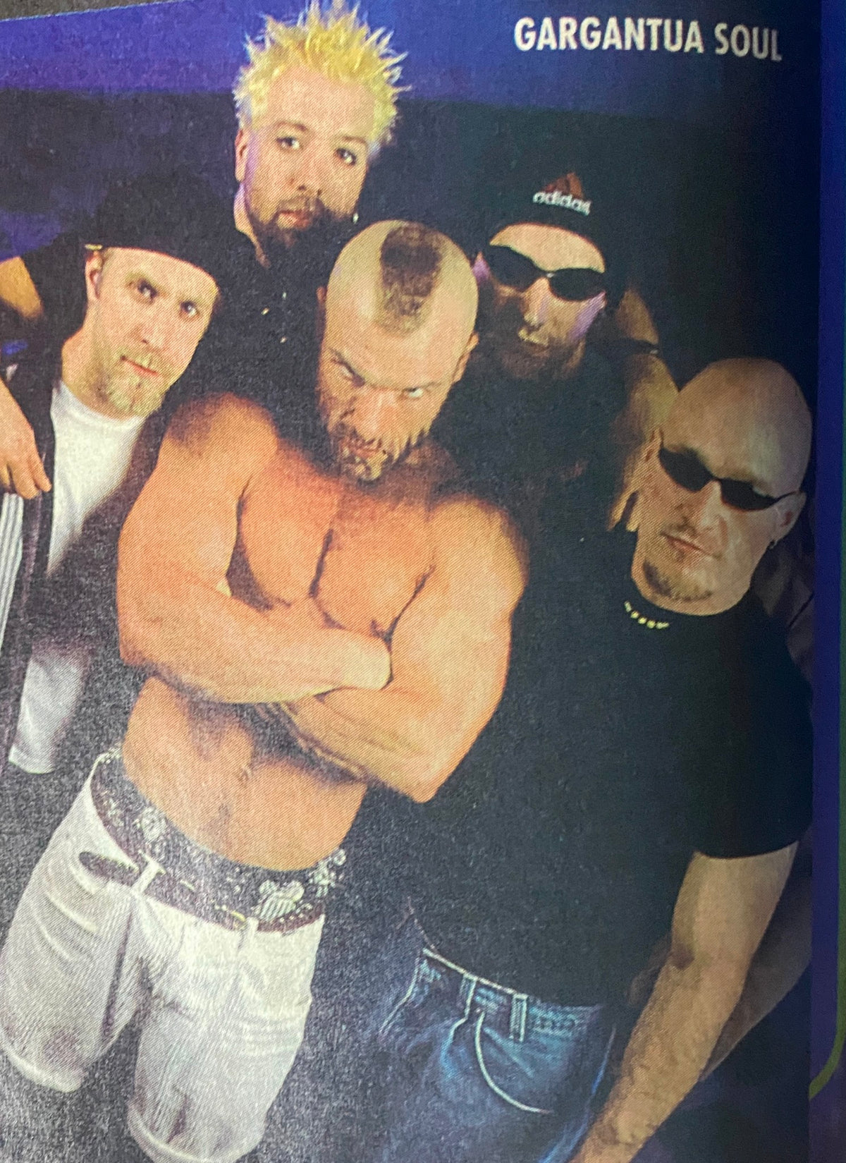 Photograph of Gargantua Soul band from Metal Edge Magazine 2000, exhibiting their edgy look and attitude during the height of the metal scene.