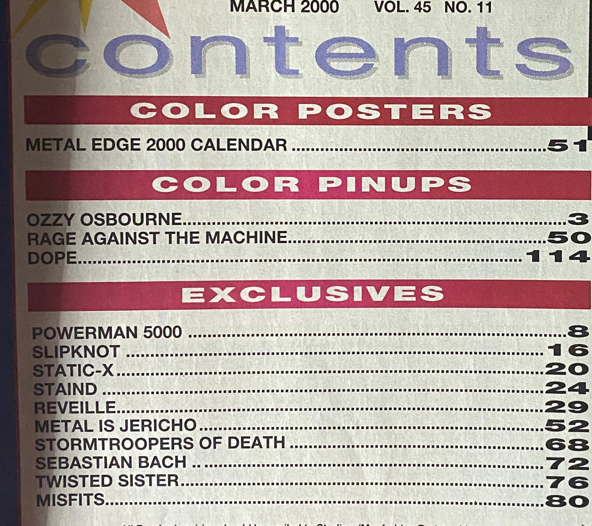 Contents page of Metal Edge Magazine March 2000 detailing color posters and pinups including Ozzy Osbourne and Rage Against the Machine.