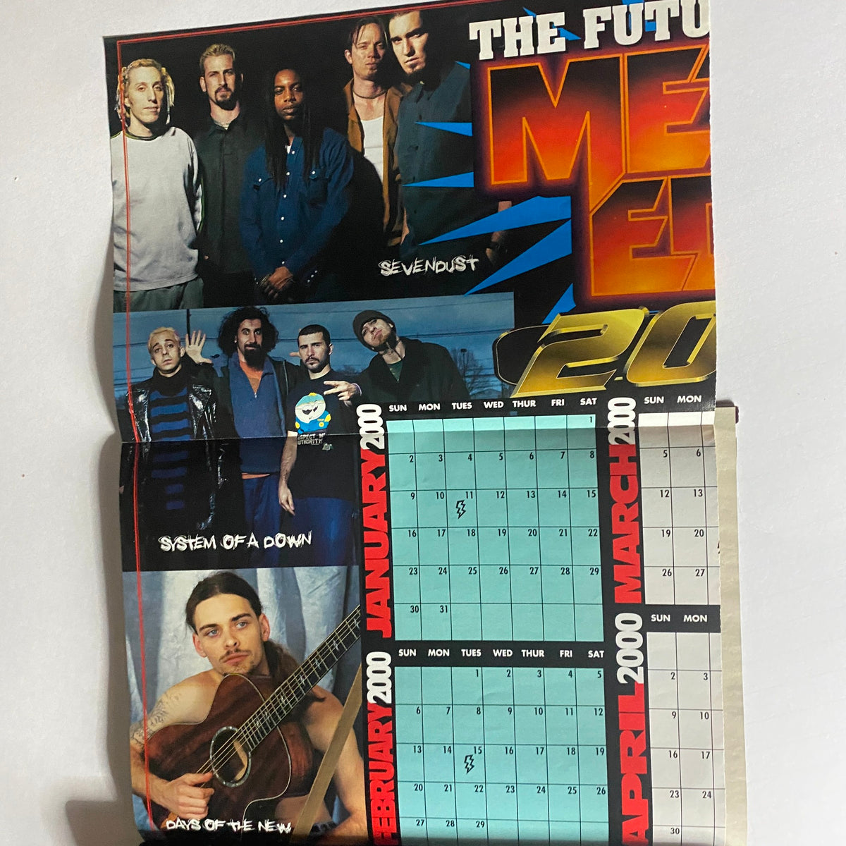 Metal Edge Magazine March 2000 calendar section featuring Sevendust and System of a Down, highlighting important dates in the metal scene.