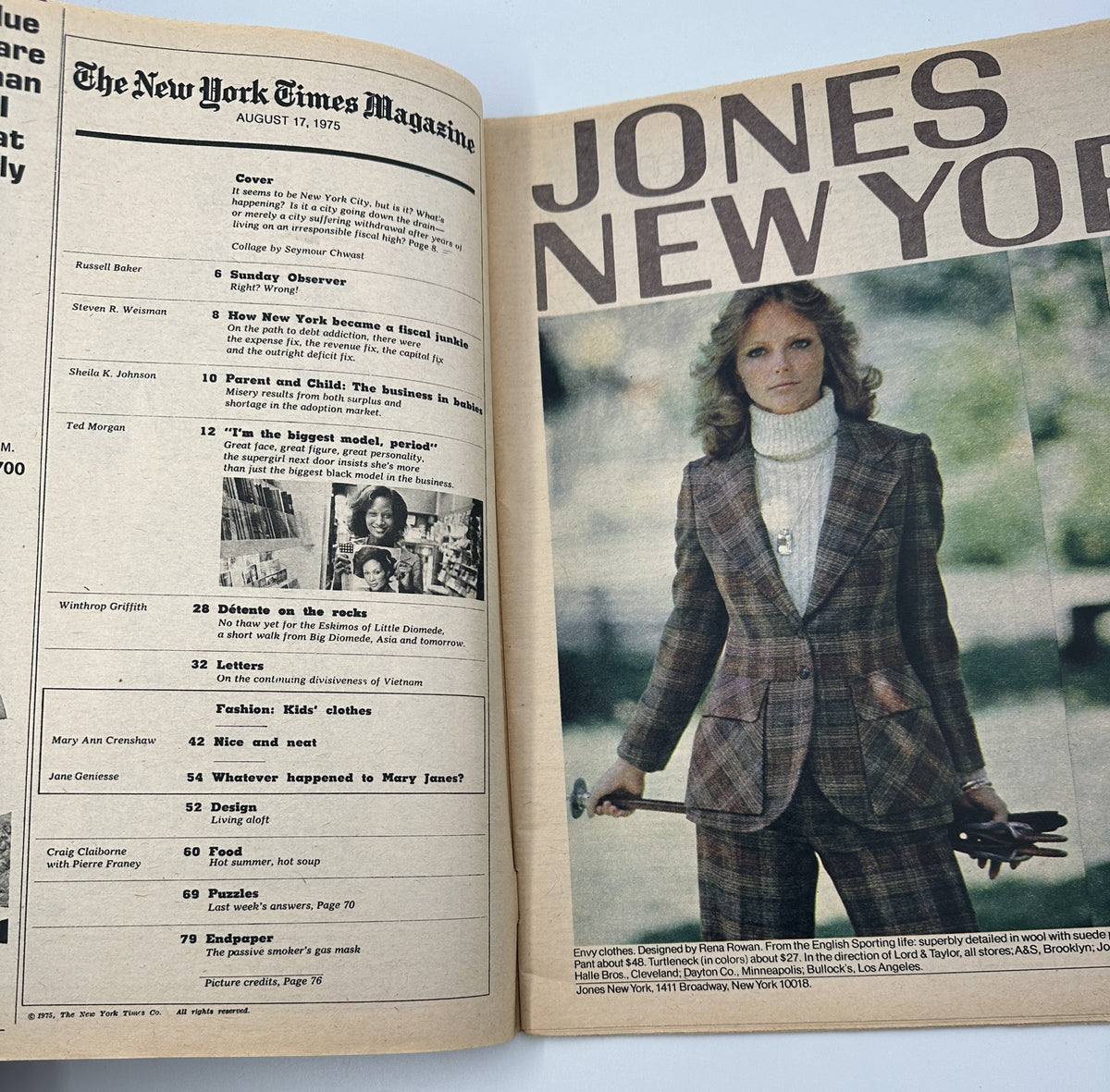 Page from The New York Times Magazine August 17, 1975 featuring the Table of Contents, highlighting articles like 'How New York became a fiscal junkie' and 'I'm the biggest model, period.'