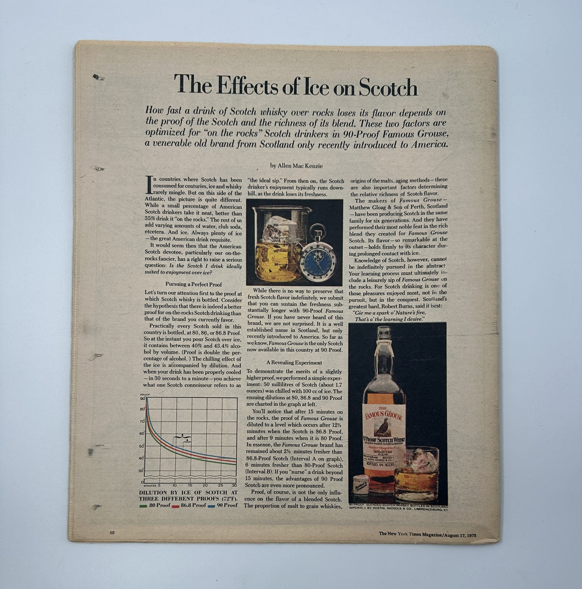 Back page of The New York Times Magazine August 17, 1975 showcasing an article titled 'The Effects of Ice on Scotch', discussing the influence of ice on whiskey flavor.