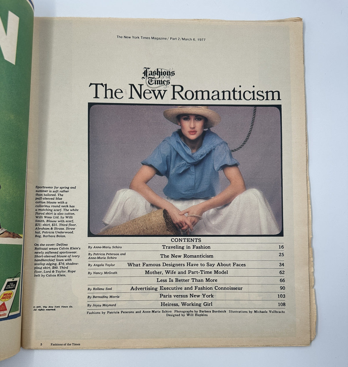 Cover of The New York Times Magazine March 6, 1977 featuring 'The New Romanticism', showcasing a model in a fashionable outfit with a straw hat, with a table of contents highlighted.