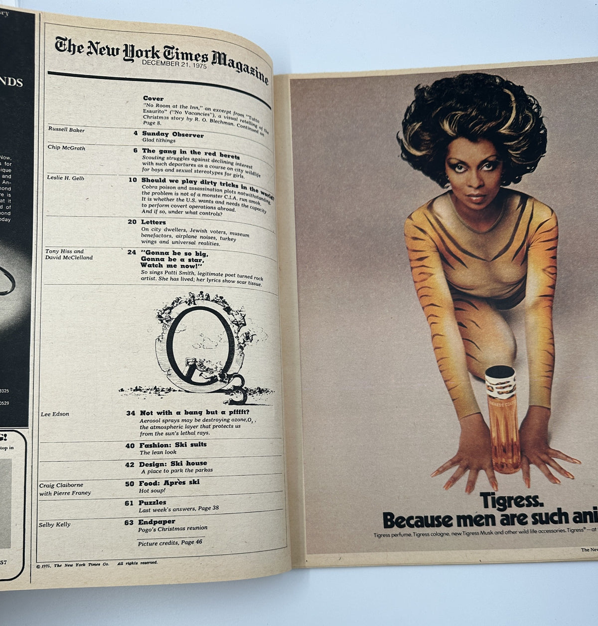 The New York Times Magazine December 21, 1975, featuring the cover illustration with an elegant woman in a stylish outfit, showcasing the theme 'No Room at the Inn.' This issue includes various articles, notably by Russell Baker and Chip McGrath, highlighting cultural and societal insights.