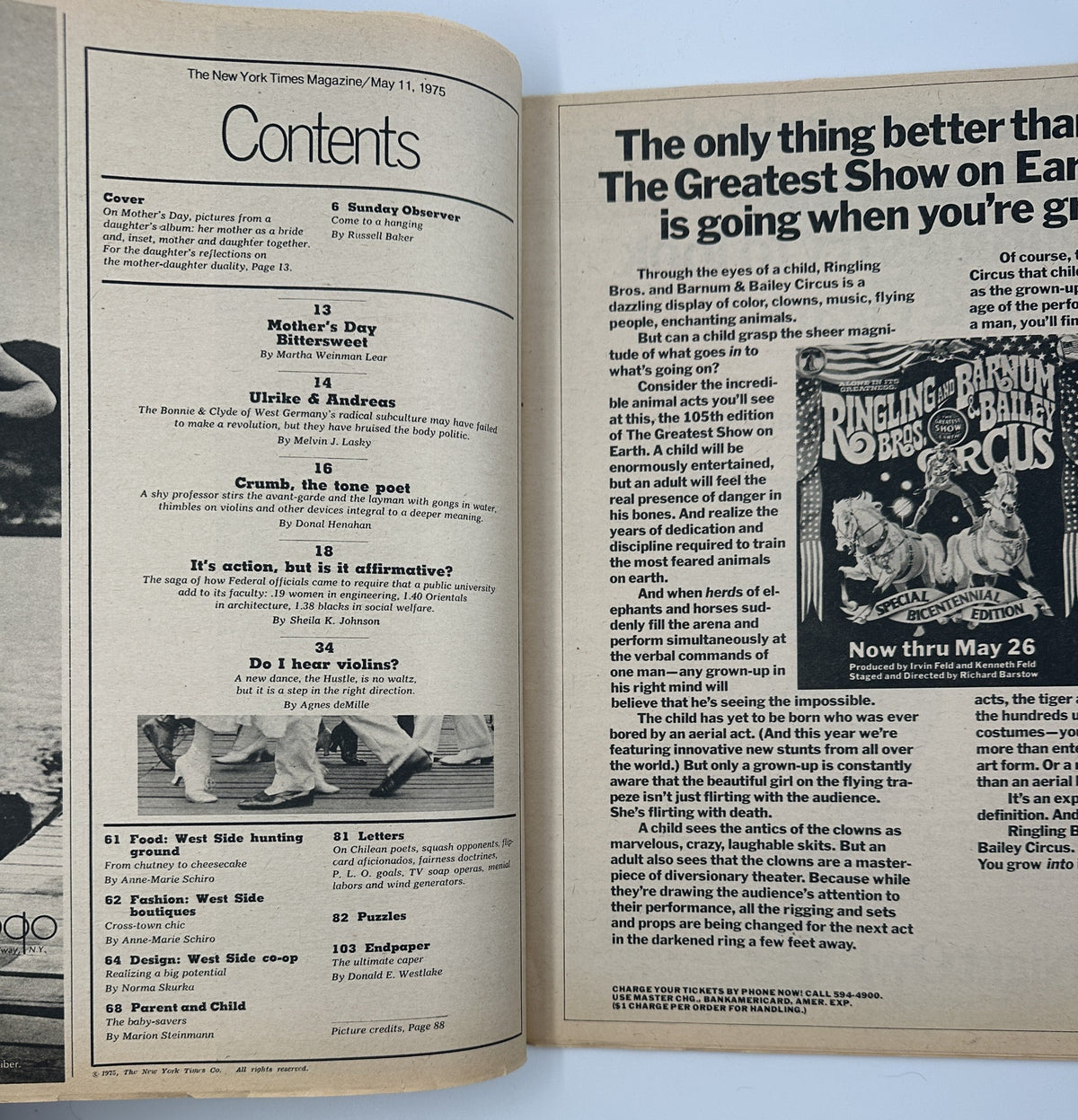Table of Contents page from The New York Times Magazine, May 11, 1975, listing features including 'Mother’s Day Bittersweet' and various articles.