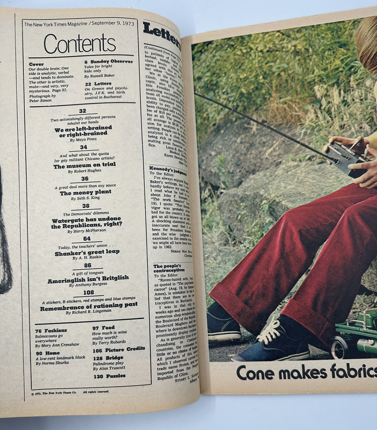 Interior page of The New York Times Magazine, September 9, 1973, displaying the Table of Contents including articles and features focused on the concept of left-brain and right-brain functions.